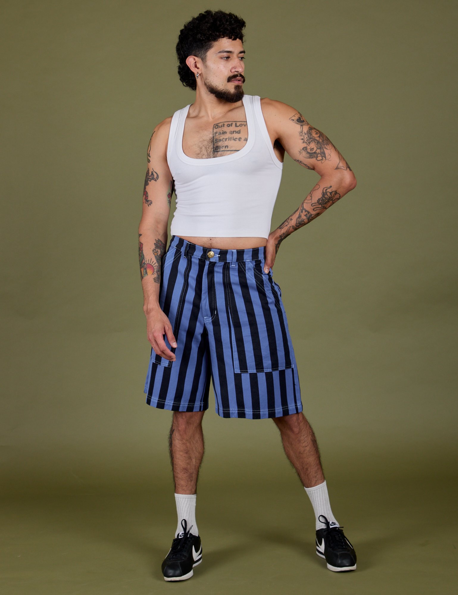 Longline Work Shorts in Cornflower and Cropped Tank in Vintage Tee White on Jesse