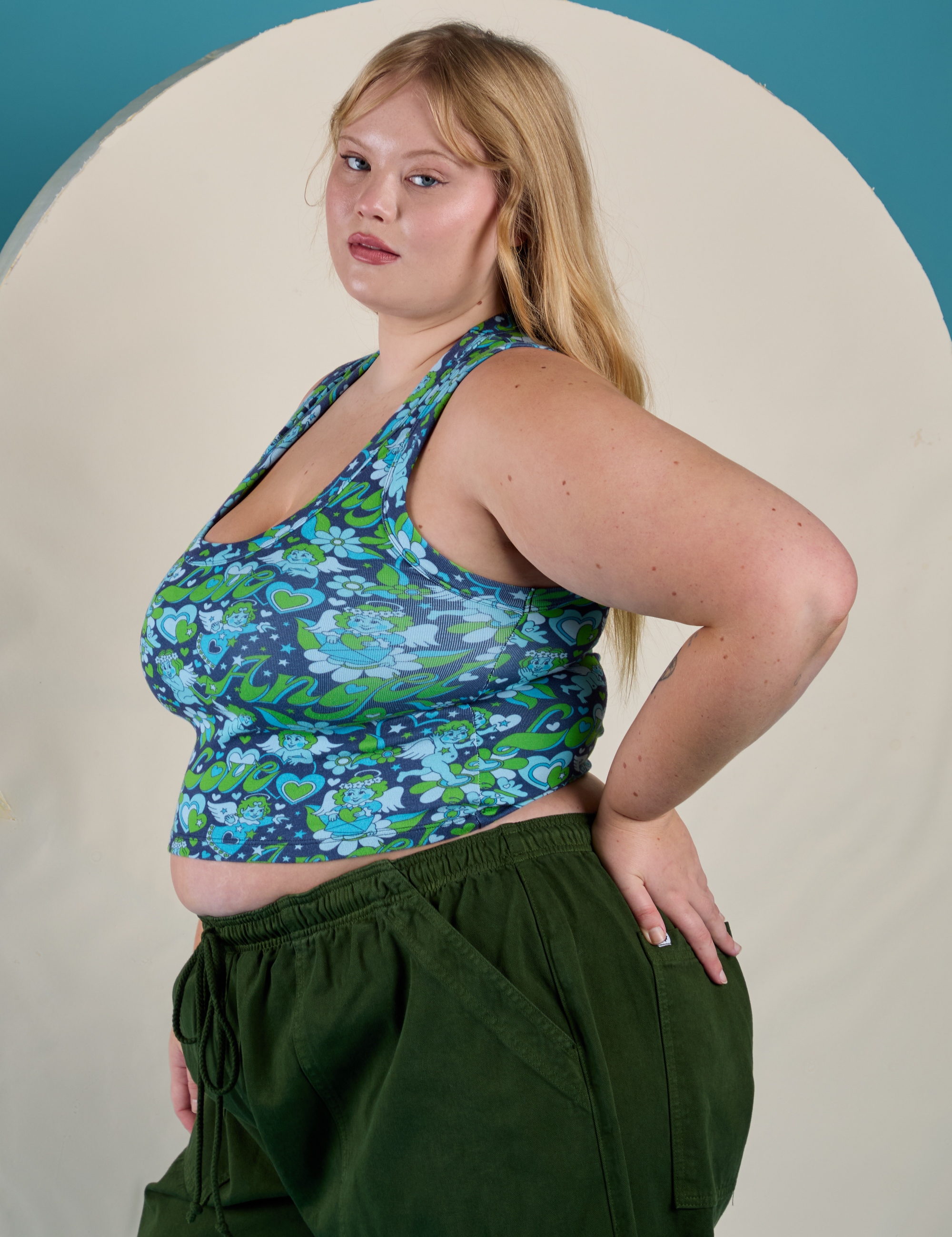 Side view of Cropped Tank Top in Angel Print on Juliet