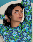 Long Sleeve Baby Tee in Angel Print front close up on Shahana