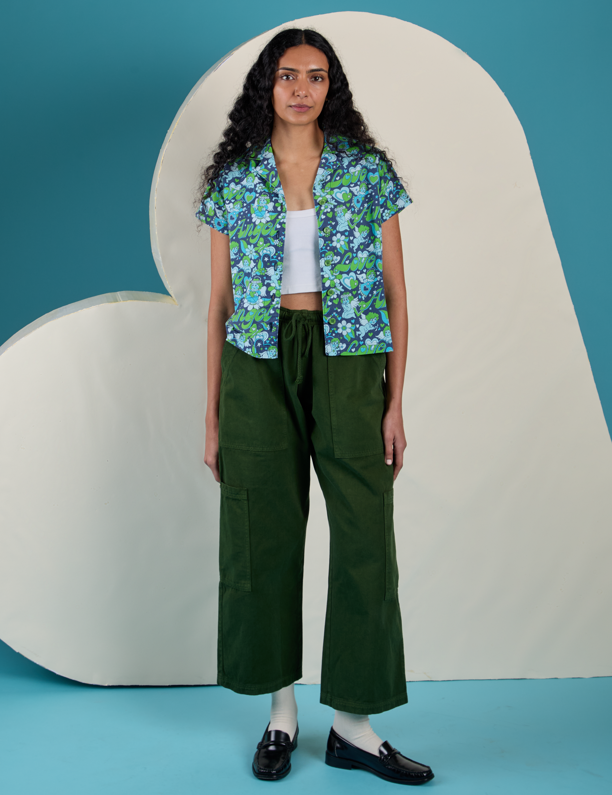 Angel Print Pantry Button-Up and Drop Pocket Cargo Pants in Evergreen on Shahana