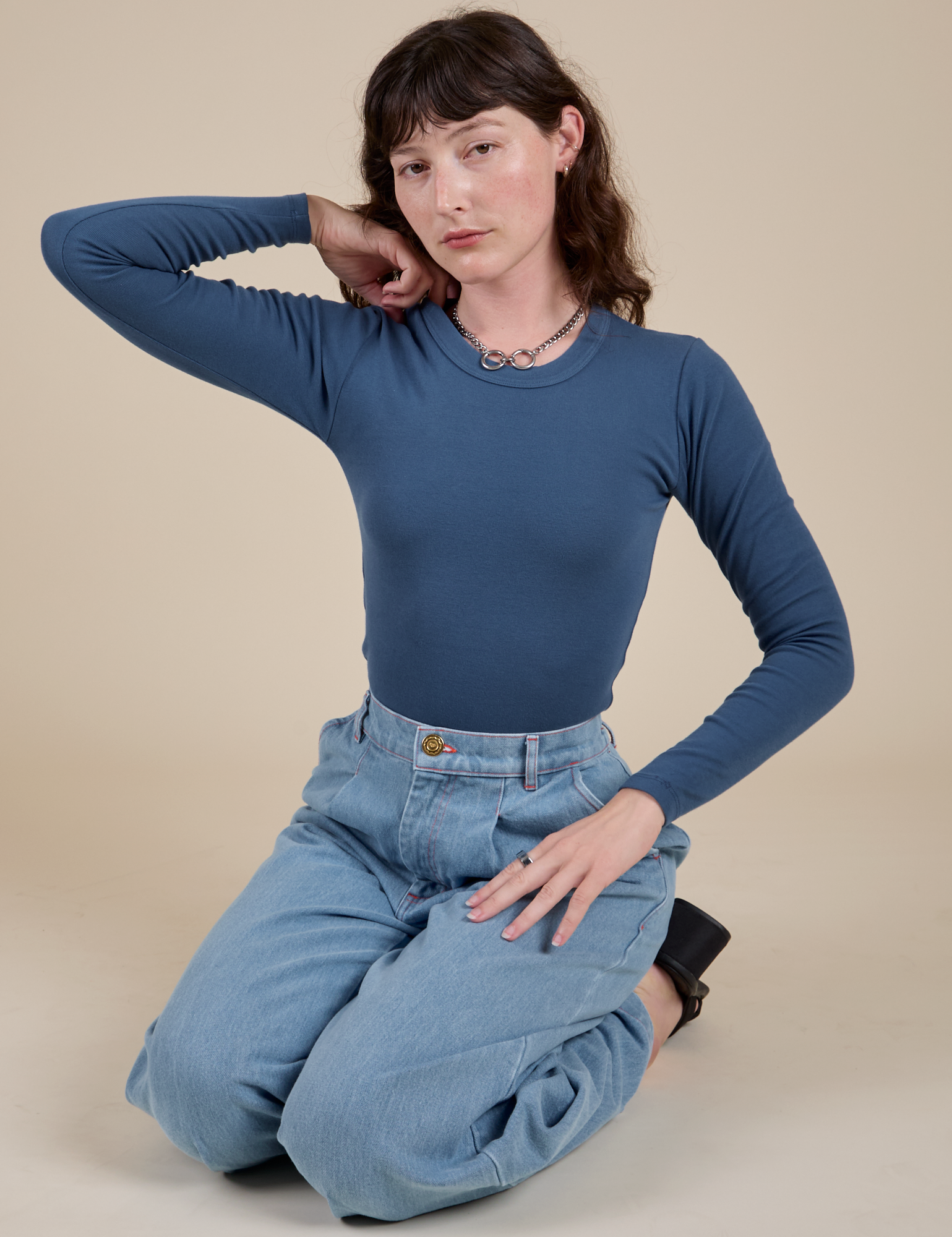 Long Sleeve Baby Tee in French Blue worn by Alex