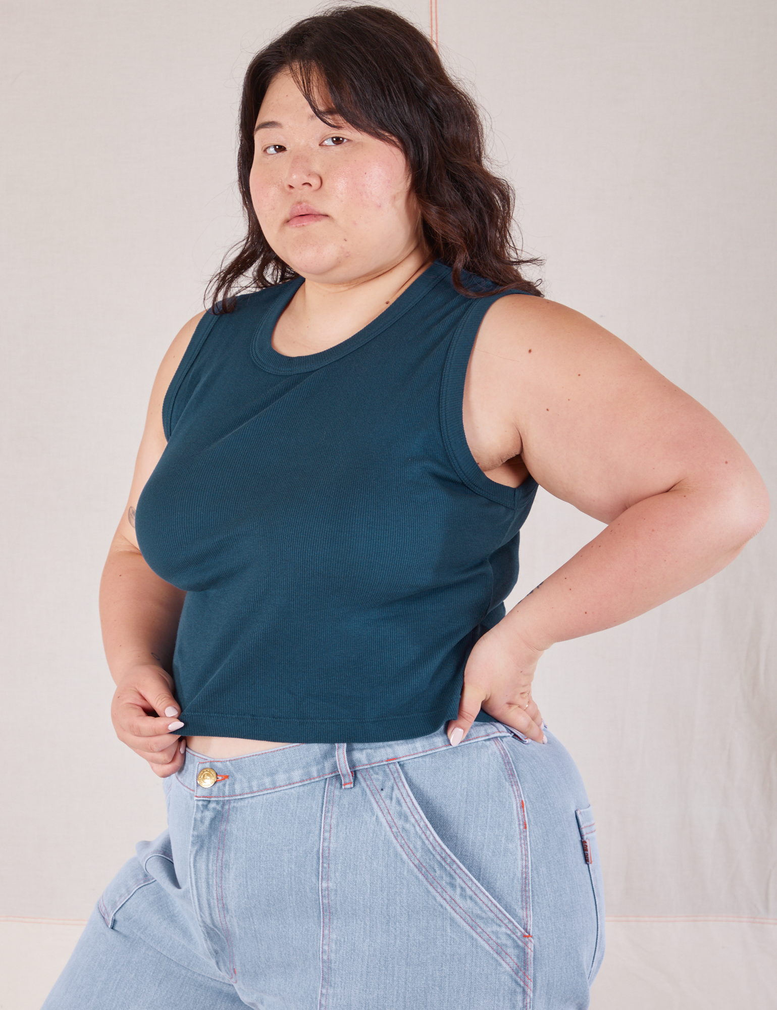 Muscle Tee in Lagoon angled front view on Ashley