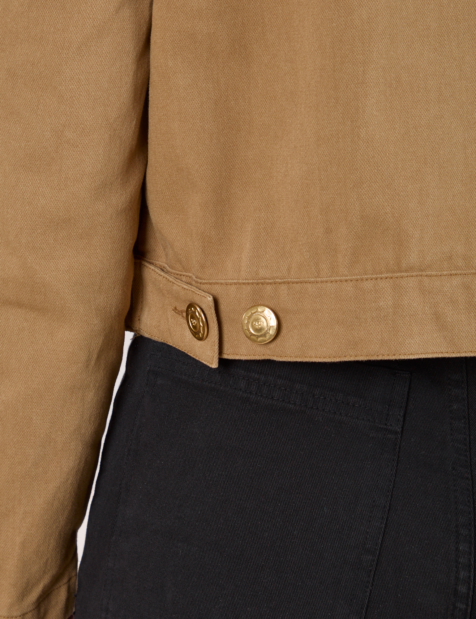 Mechanic Jacket in Desert Brown custom brass button detail close up