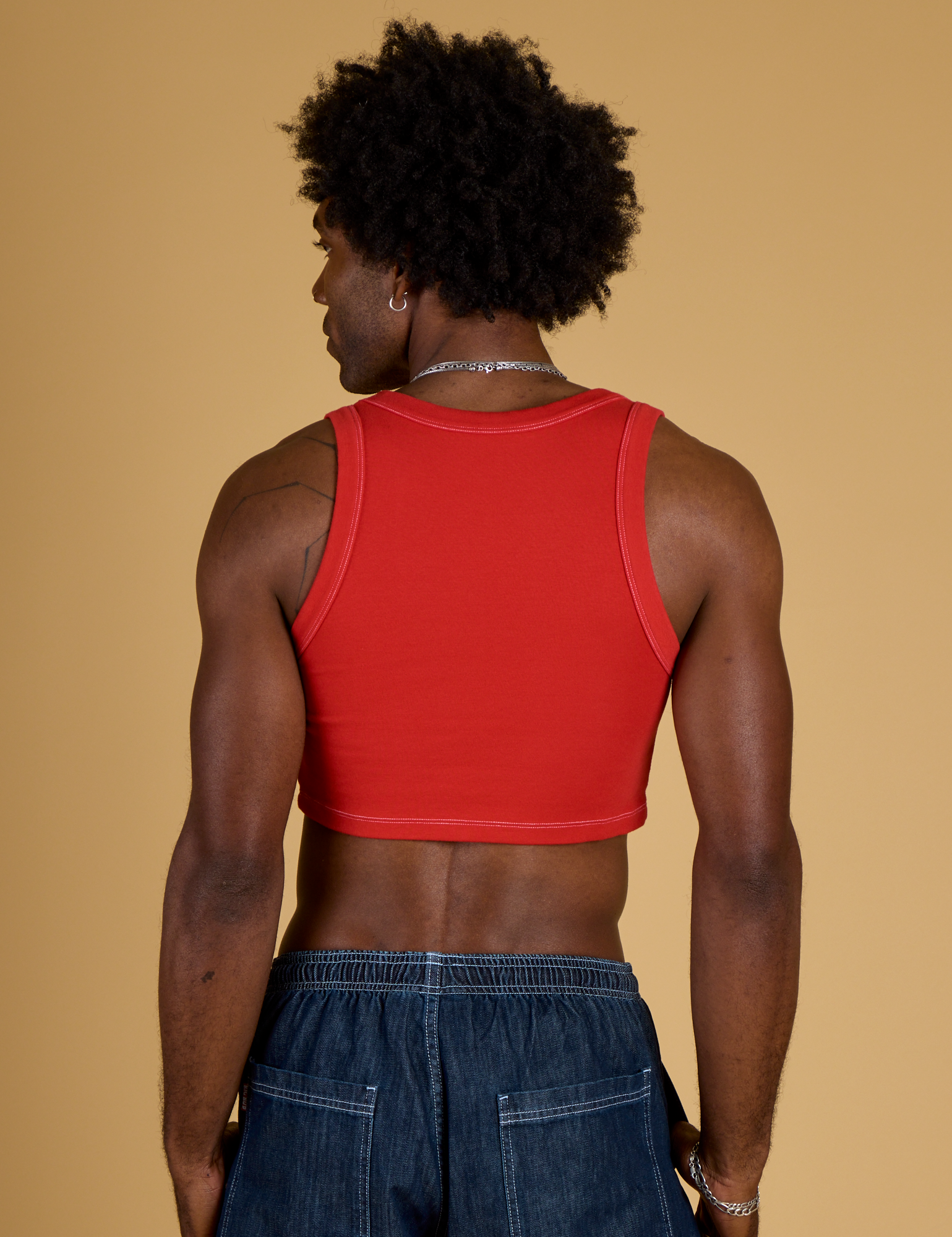 Contrast Stitch Mini Tank in Mustang Red back view on Jerrod