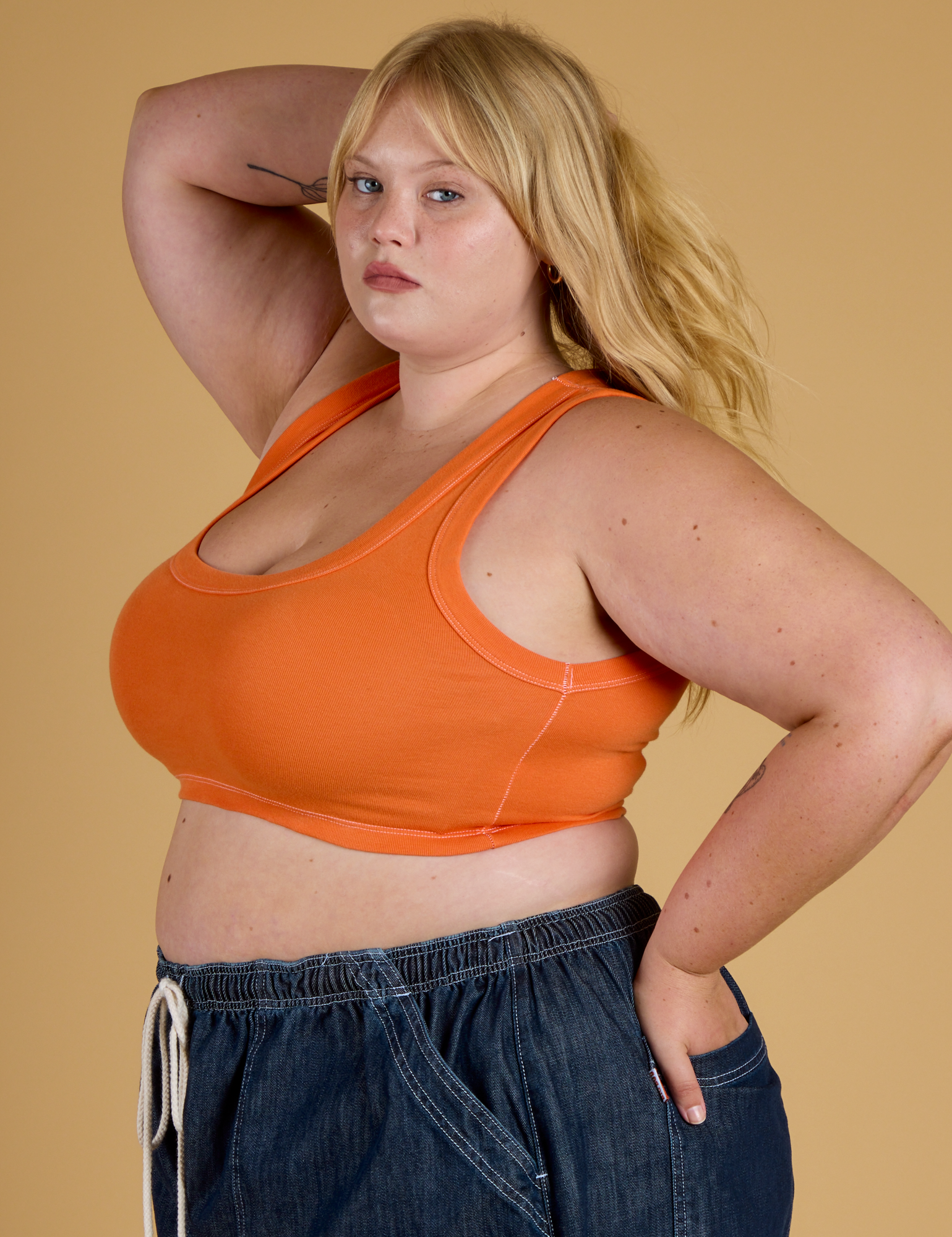 Contrast Stitch Mini Tank in Construction Orange angled front view of Juliet