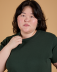 Front close up of Organic Vintage Tee in Swamp Green on Ashley