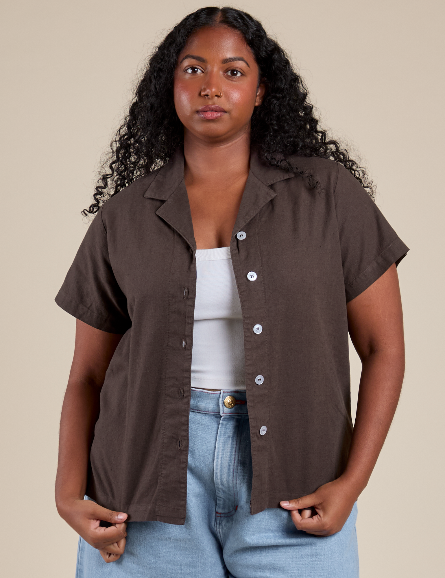 Meghna is 5’8” and wearing M Pantry Button-Up in Espresso Brown