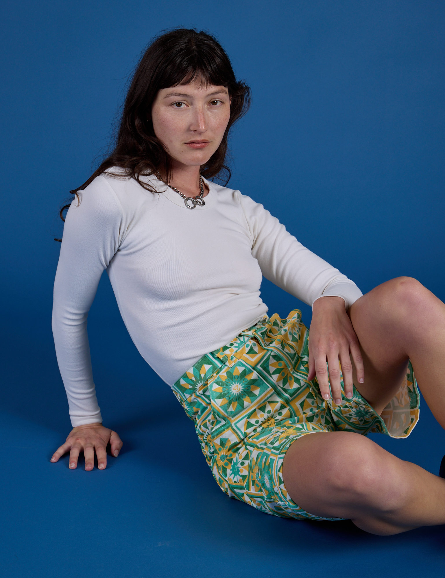Longline Work Shorts in Spring Quilt Print and Long Sleeve Baby Tee in Vintage Tee White on Alex