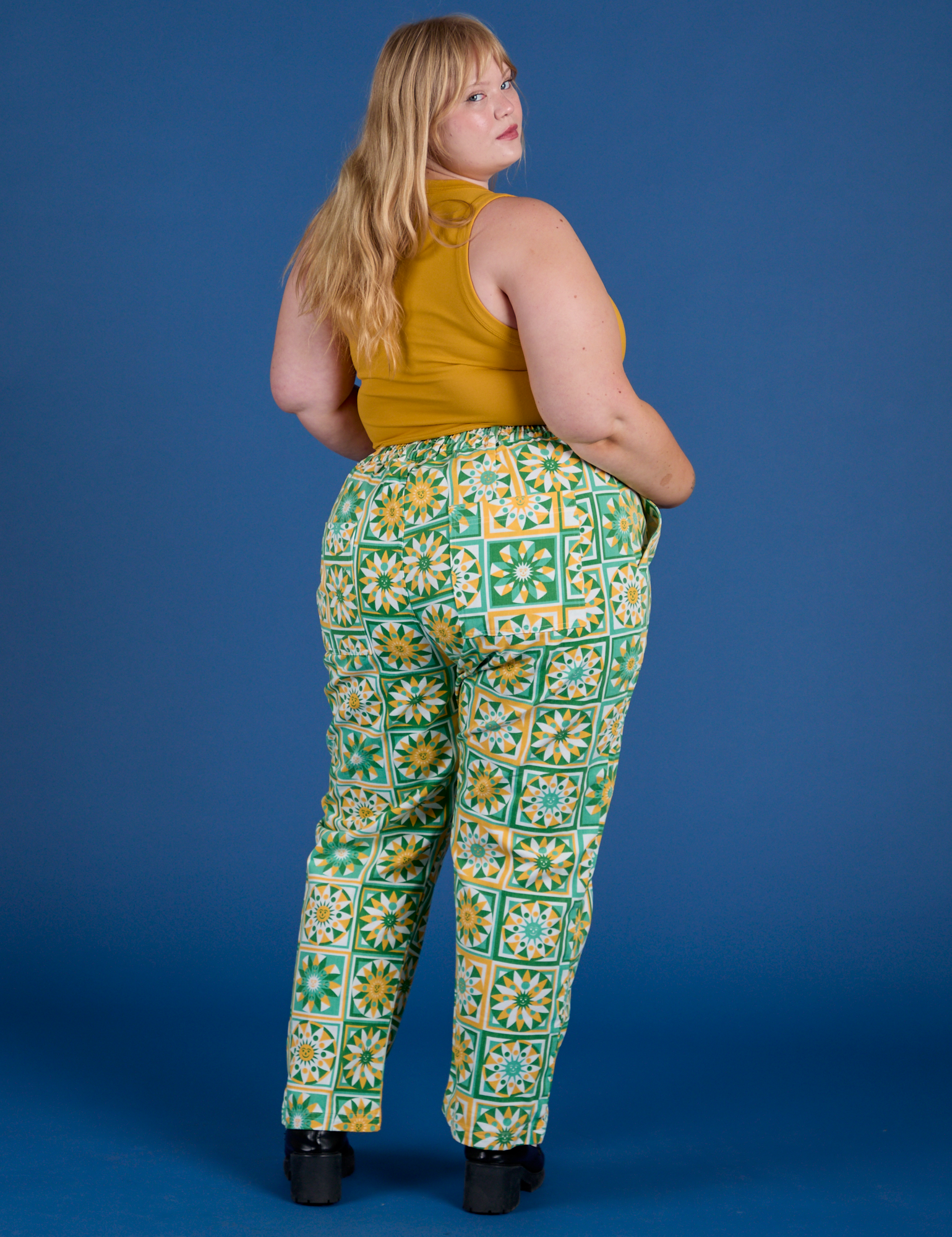 Back view of Work Pants in Spring Quilt Print on Juliet