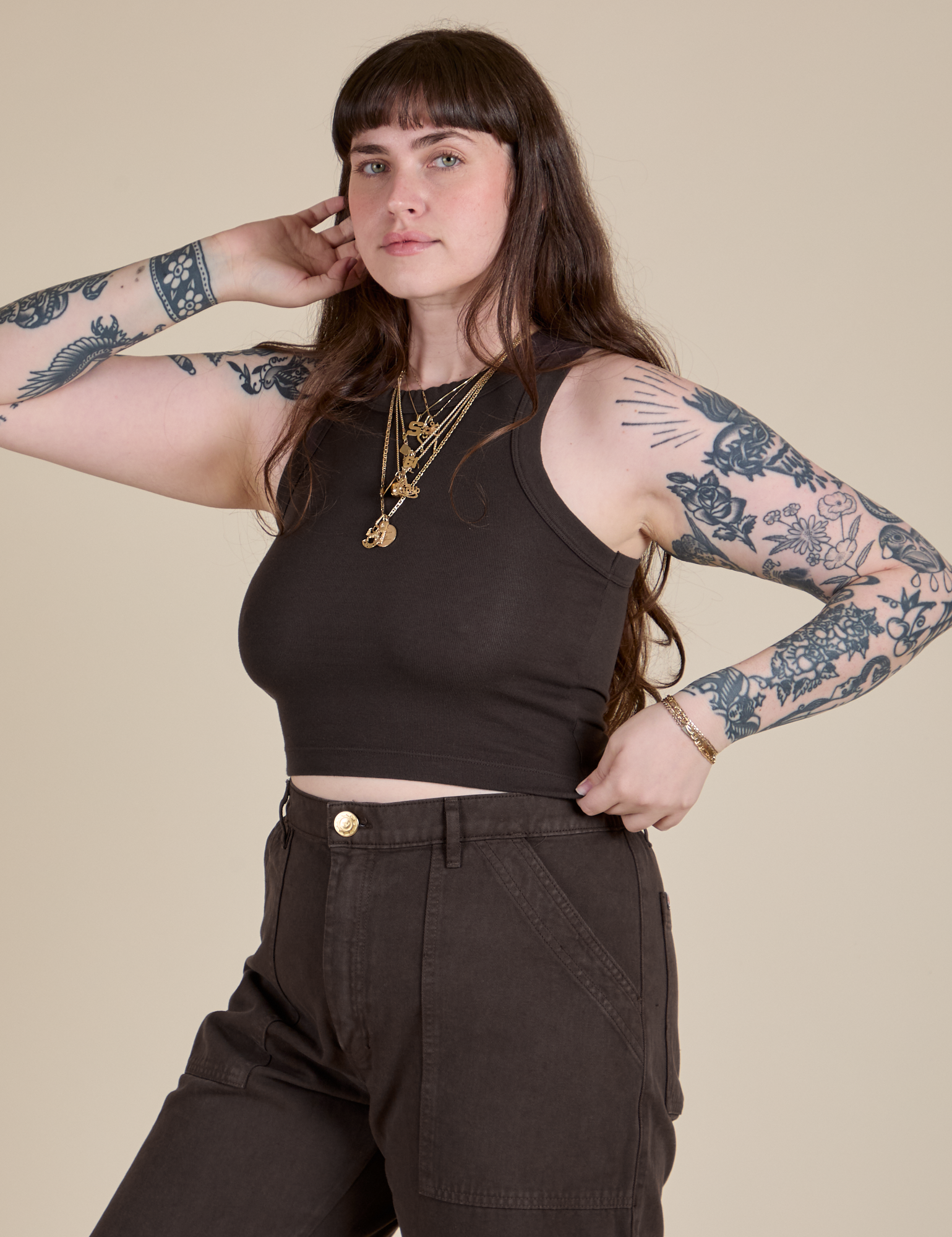 Racerback Tank in Espresso Brown angled front view on Sydney