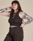 Racerback Tank in Espresso Brown angled front view on Sydney