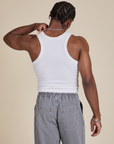 Racerback Tank in Vintage Tee White back view on Isaac