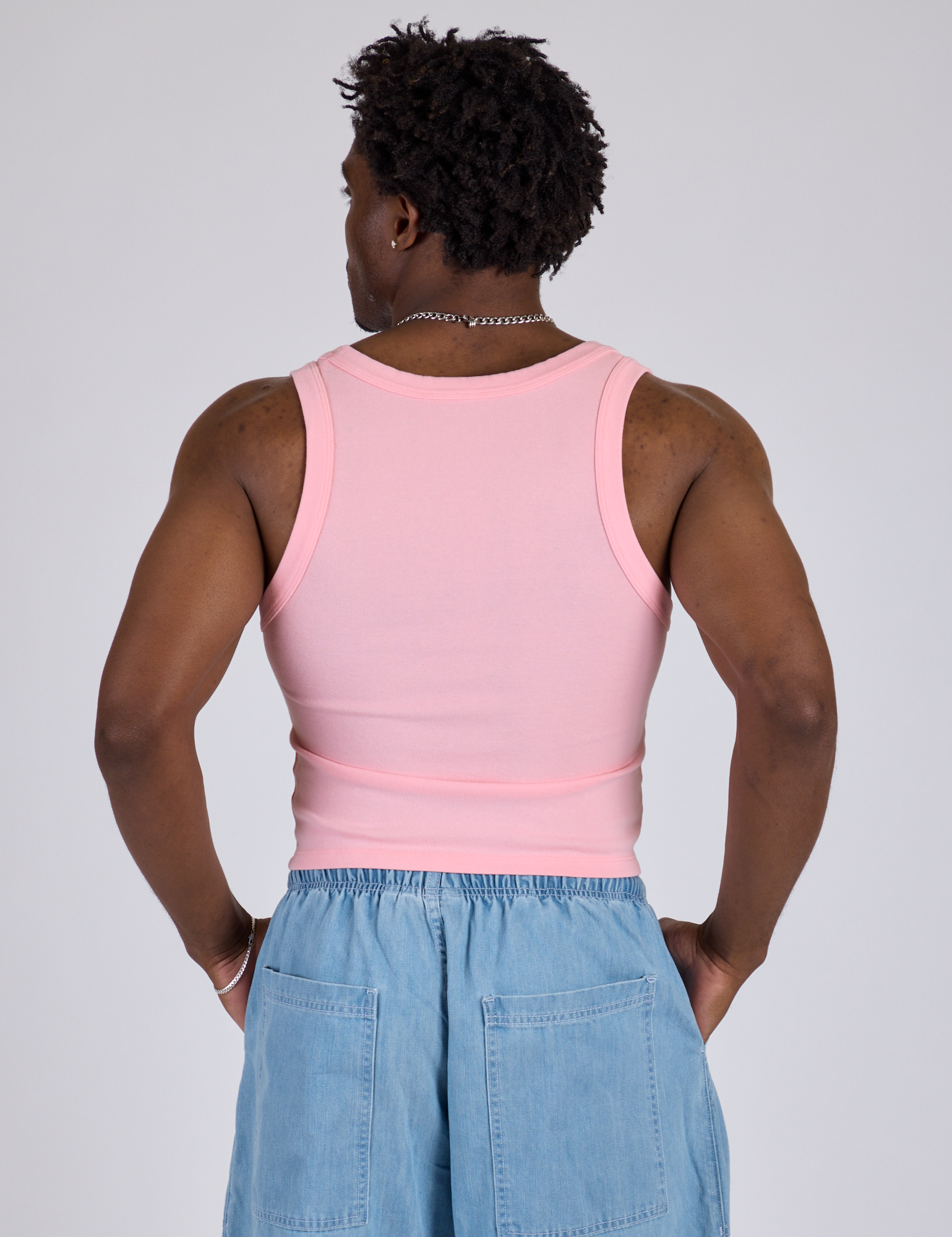 Cropped Tank Top in Baby Pink back view on Isaac