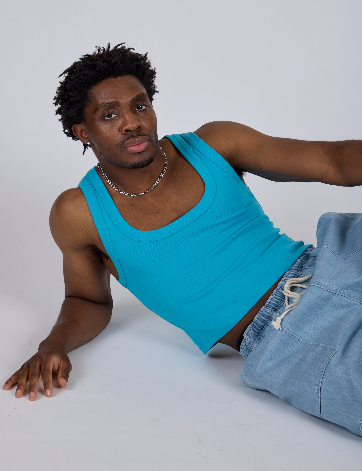Cropped Tank Top in Hawaiian Blue worn by Isaac