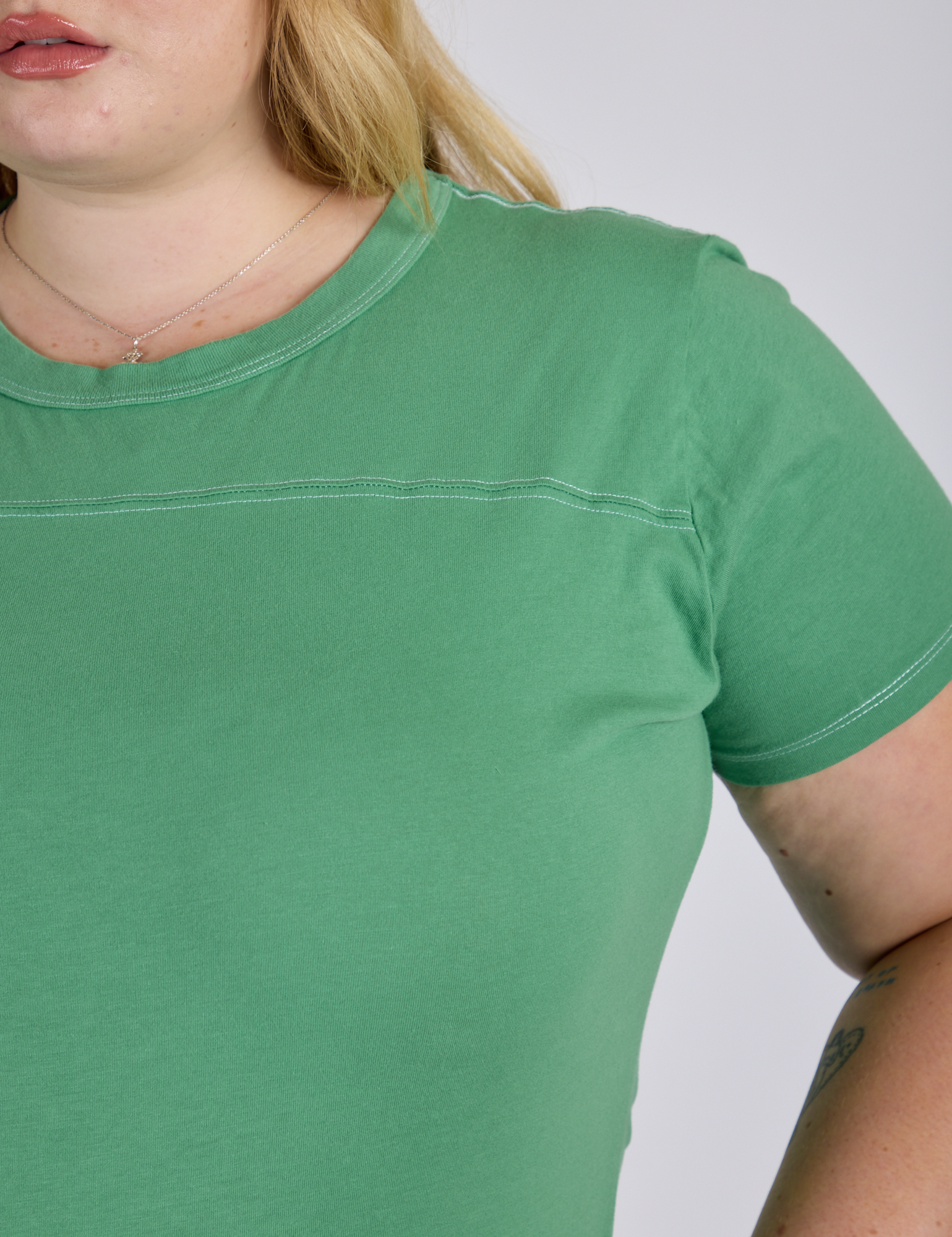 Jr. Varsity Tee in Seafoam Green close up on Juliet