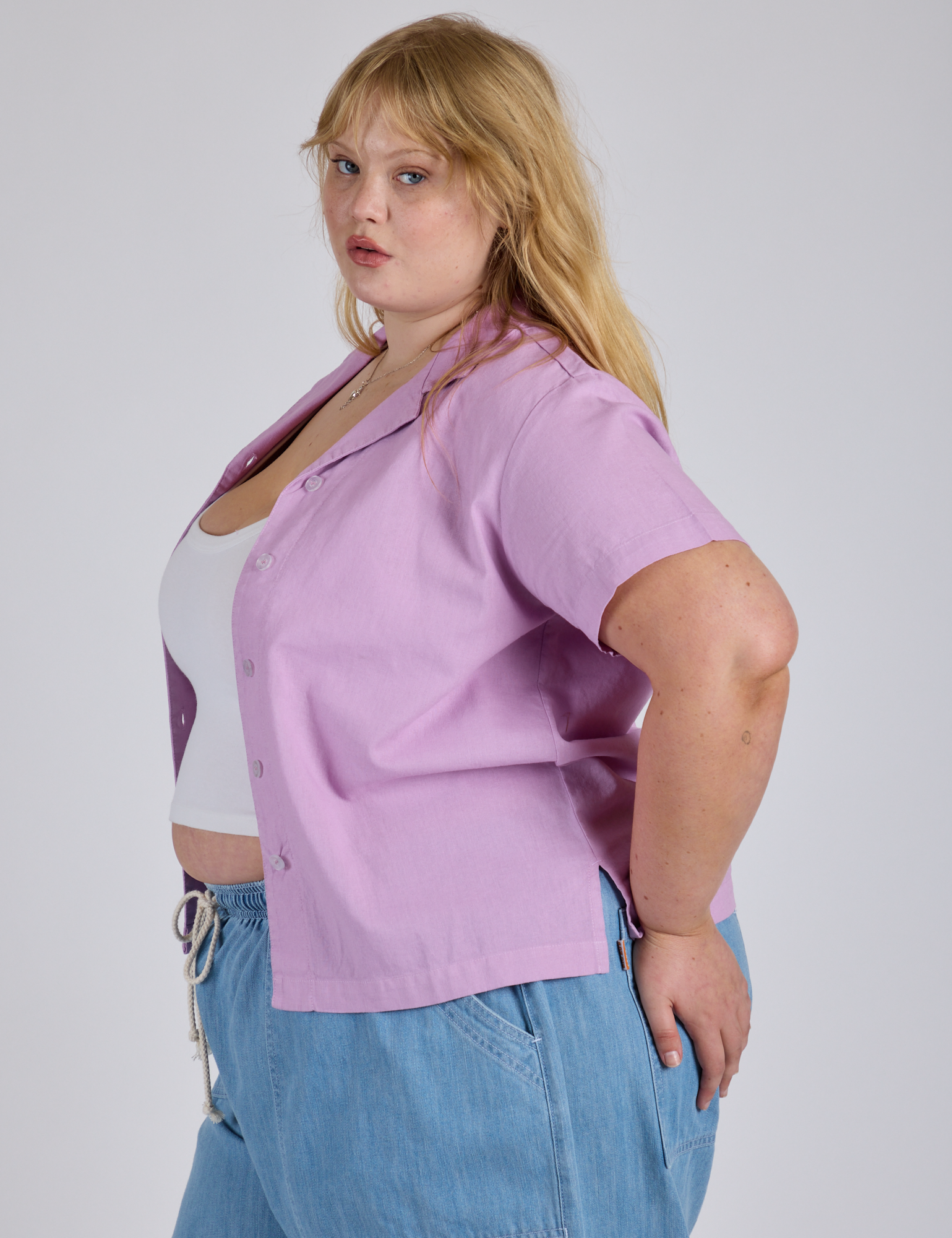 Pantry Button-Up in Lilac Purple side view on Juliet