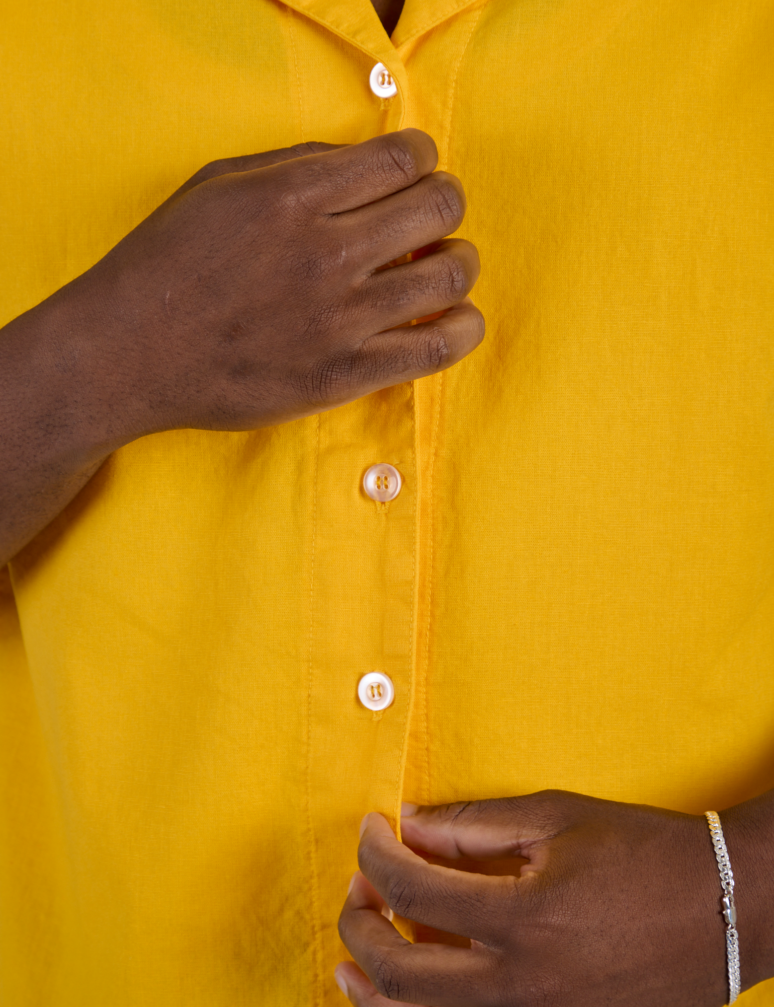 Pantry Button-Up in Sunshine Yellow close up on Isaac