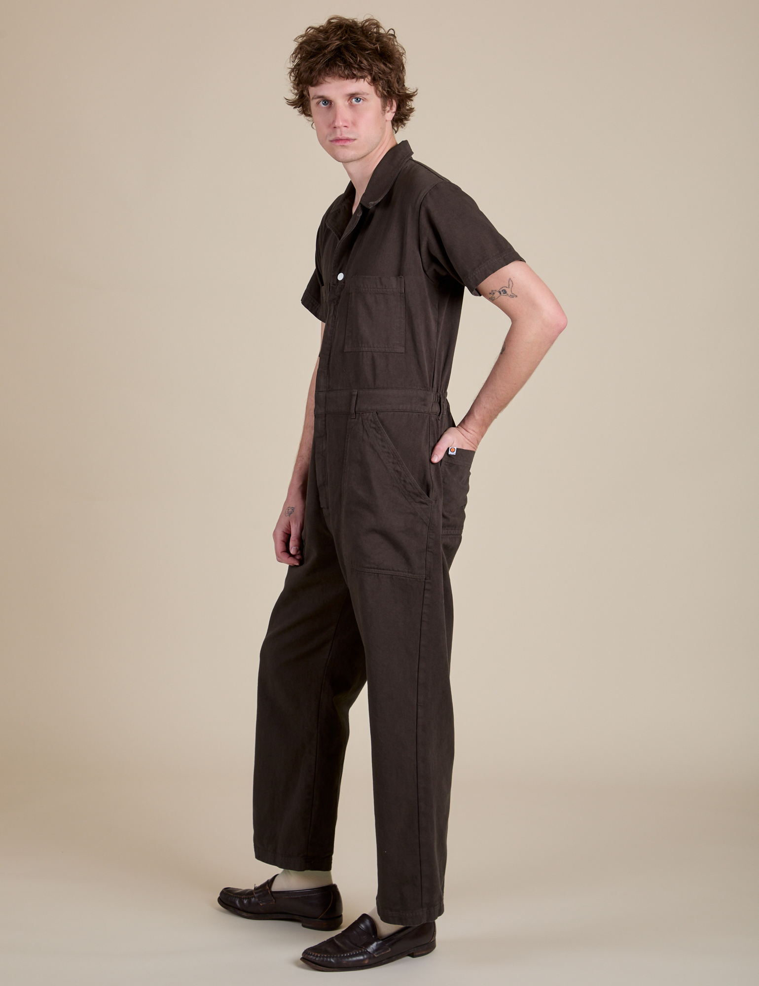 Side view of Short Sleeve Jumpsuit in Espresso Brown on Quinn