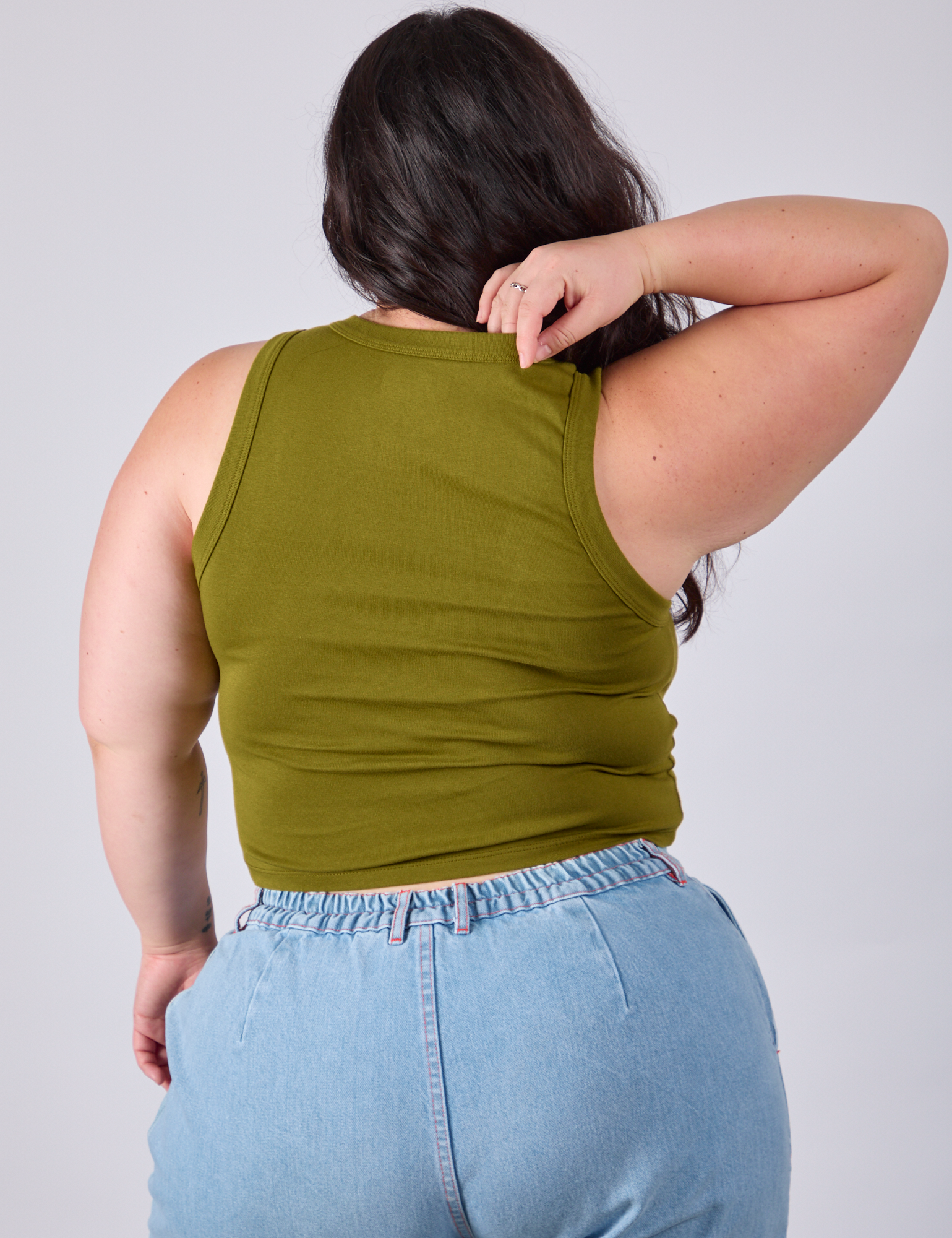 Cropped Tank Top in Olive Green back view on Ashley