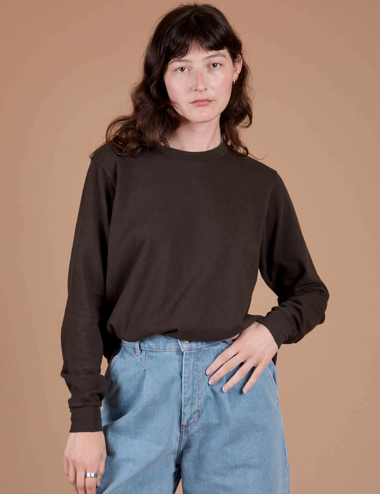 Long Sleeve Burly Tee in Espresso Brown worn by Alex