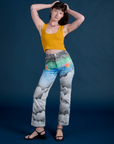 Work Pants in Night Sky Airbrush and mustard yellow Cropped Tank on Alex