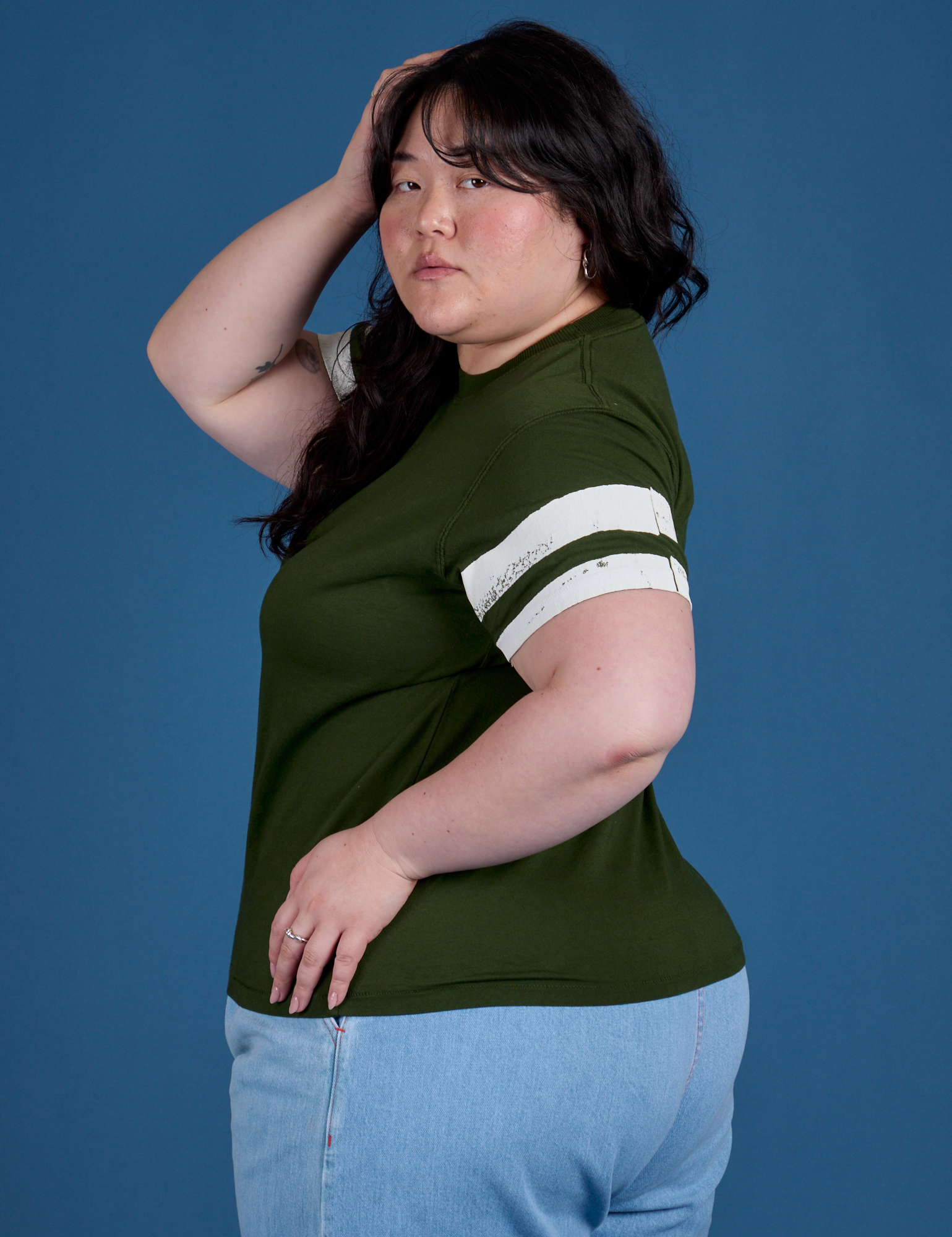 Painted Vintage Tee in Evergreen side view on Ashley