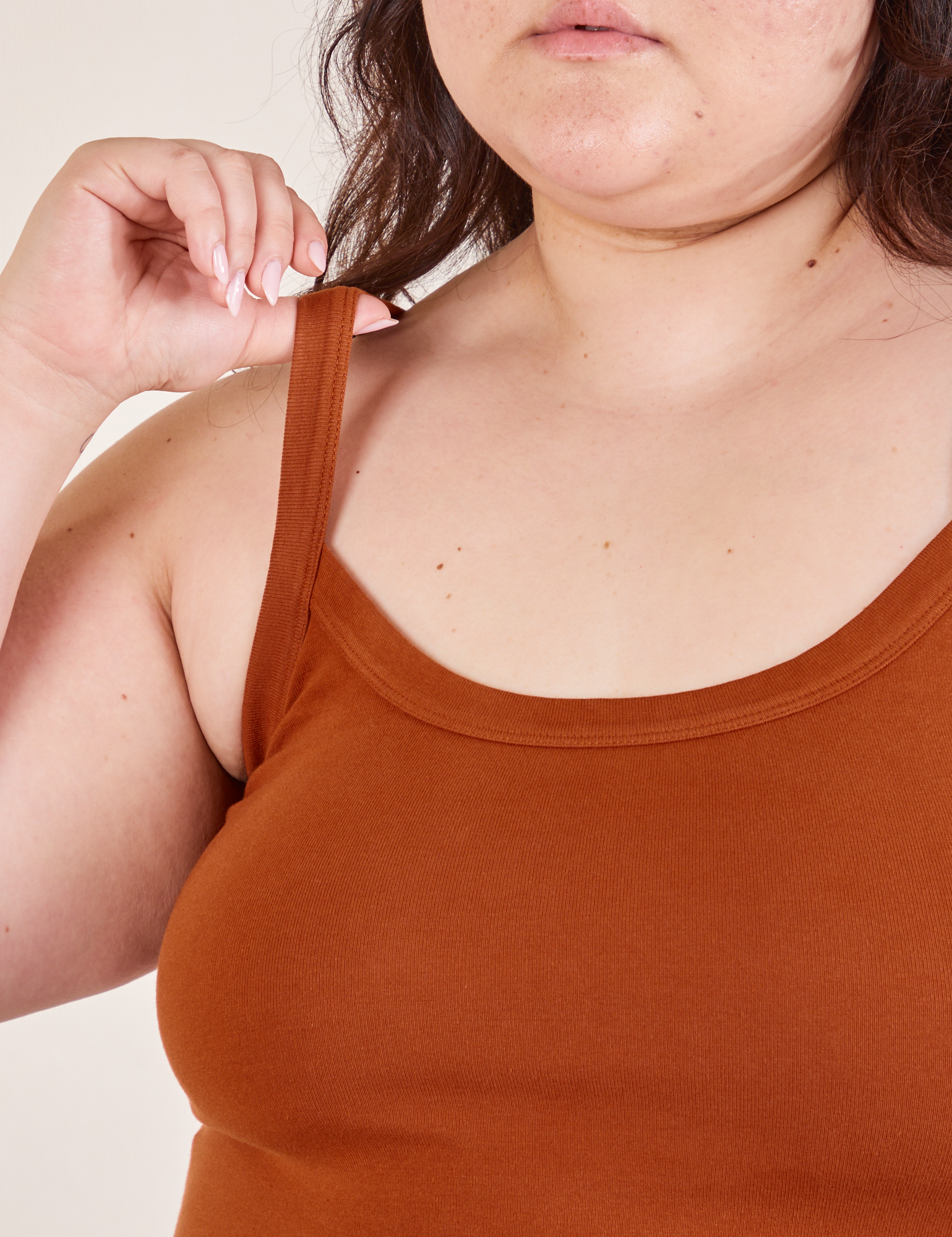 Cropped Cami in Burnt Terracotta front close up on Ashley
