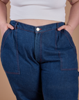 Carpenter Jeans in Dark Wash front close up on Ashley