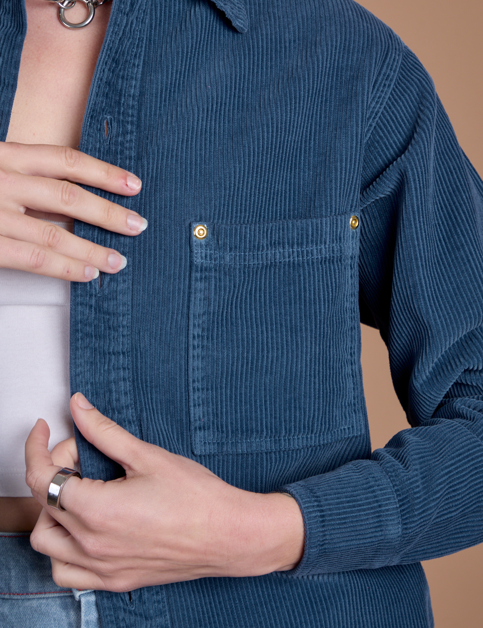 Cropped Corduroy Overshirt in French Blue front pocket close up on Alex