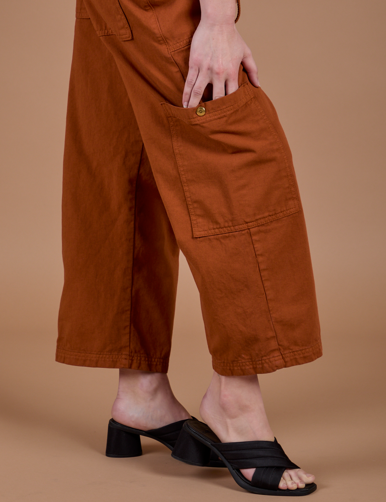 Drop Pocket Cargo Pants in Burnt Terracotta side pant leg pocket close up