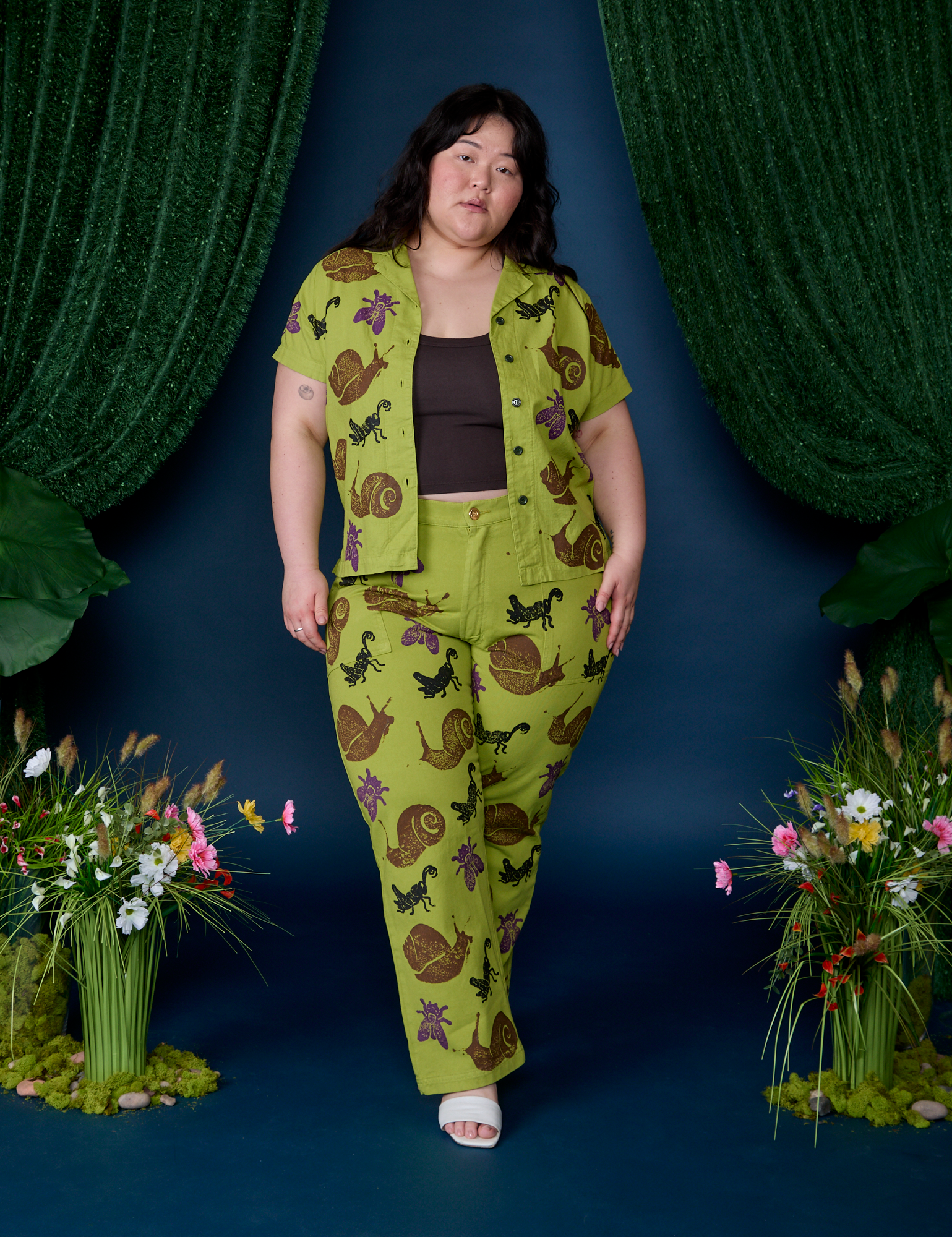 Ashley is wearing Paintstamped Pantry Button-Up in Big Bug paired with matching Work Pants