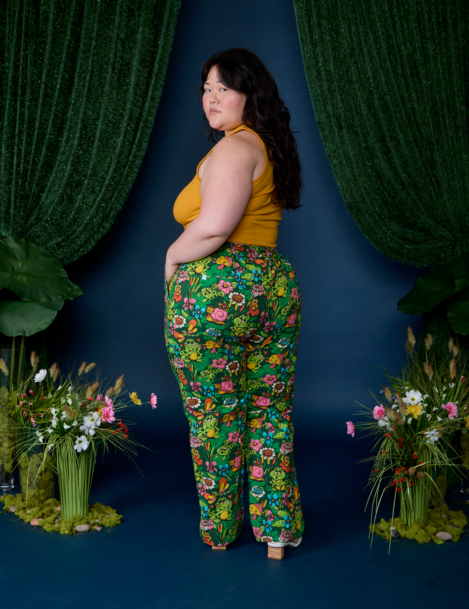 Work Pants in Pond Party angled back view on Ashley