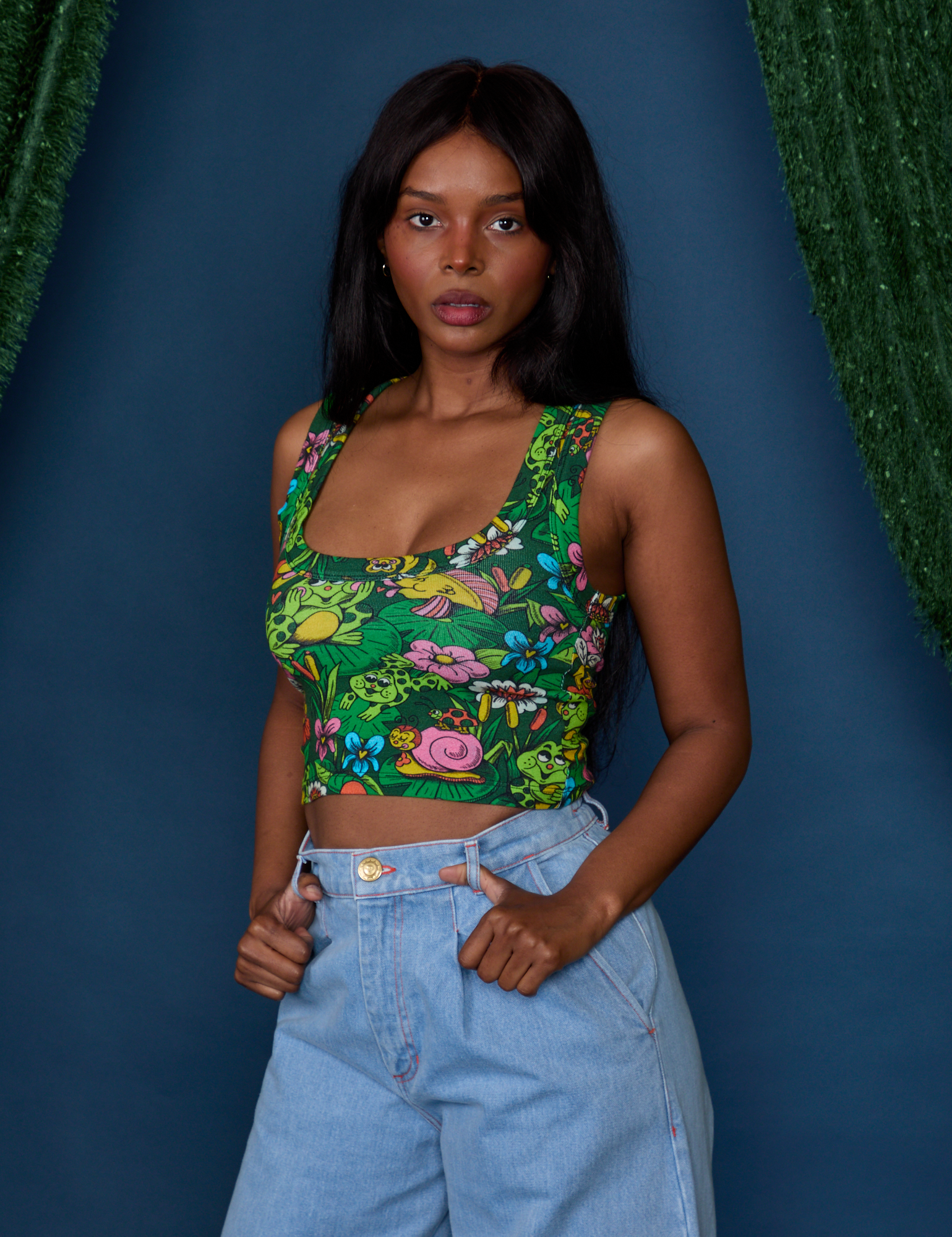 Angled front view of Cropped Tank Top in Pond Party on Kandia