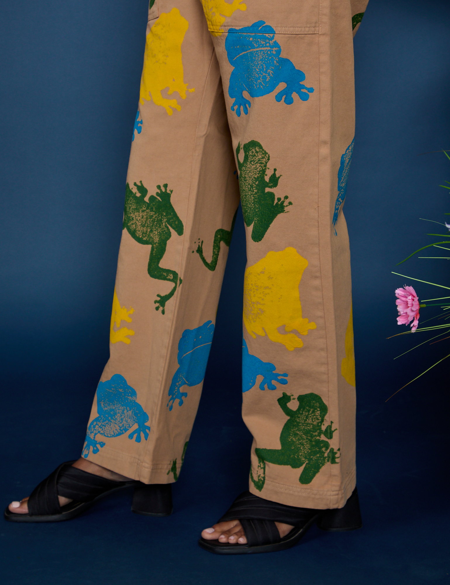 Side view close up of Paintstamped Work Pants in Froggy on Kandia