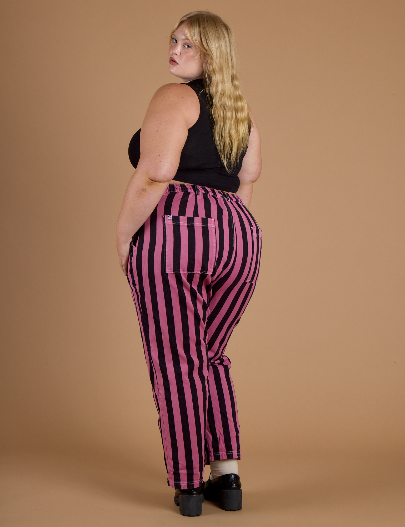 Black Stripe Work Pants - Bubblegum Pink