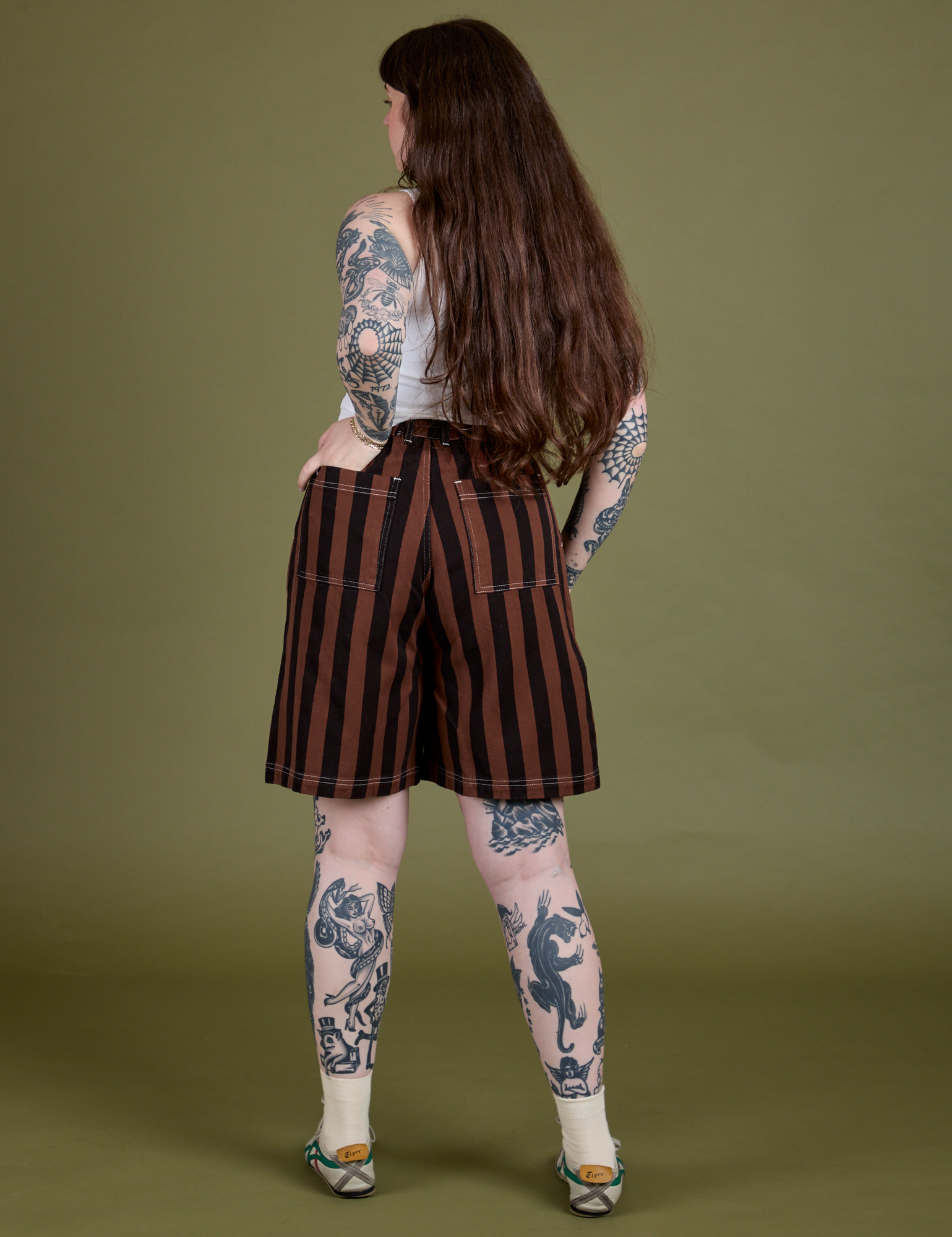 Longline Work Shorts in Fudgesicle Brown back view on Sydney
