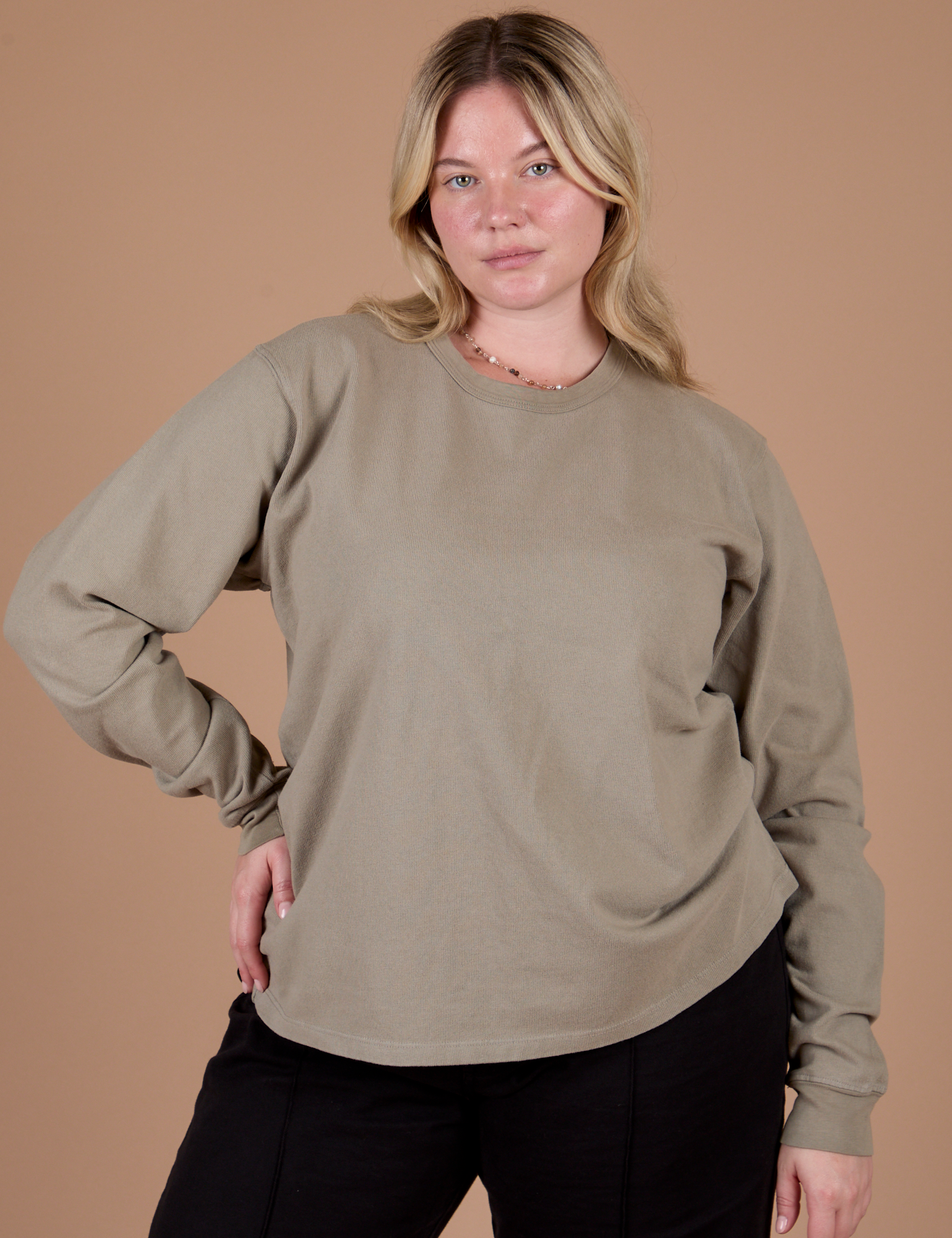 Lish is 5’8” and wearing S Long Sleeve Burly Tee in Khaki Grey