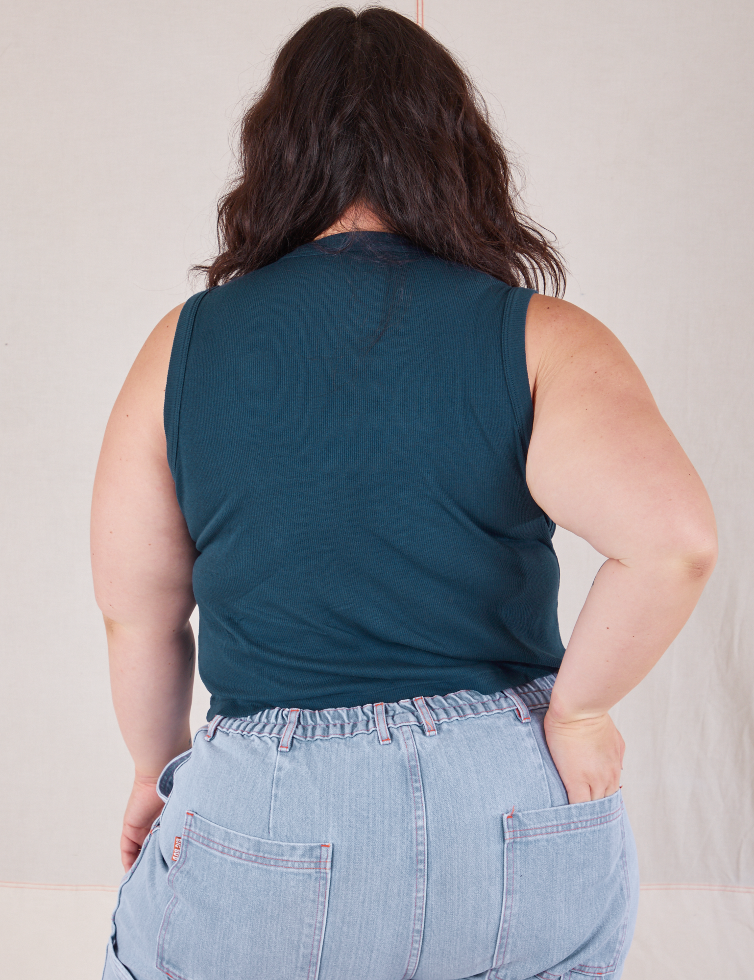 Muscle Tee in Lagoon back view on Ashley