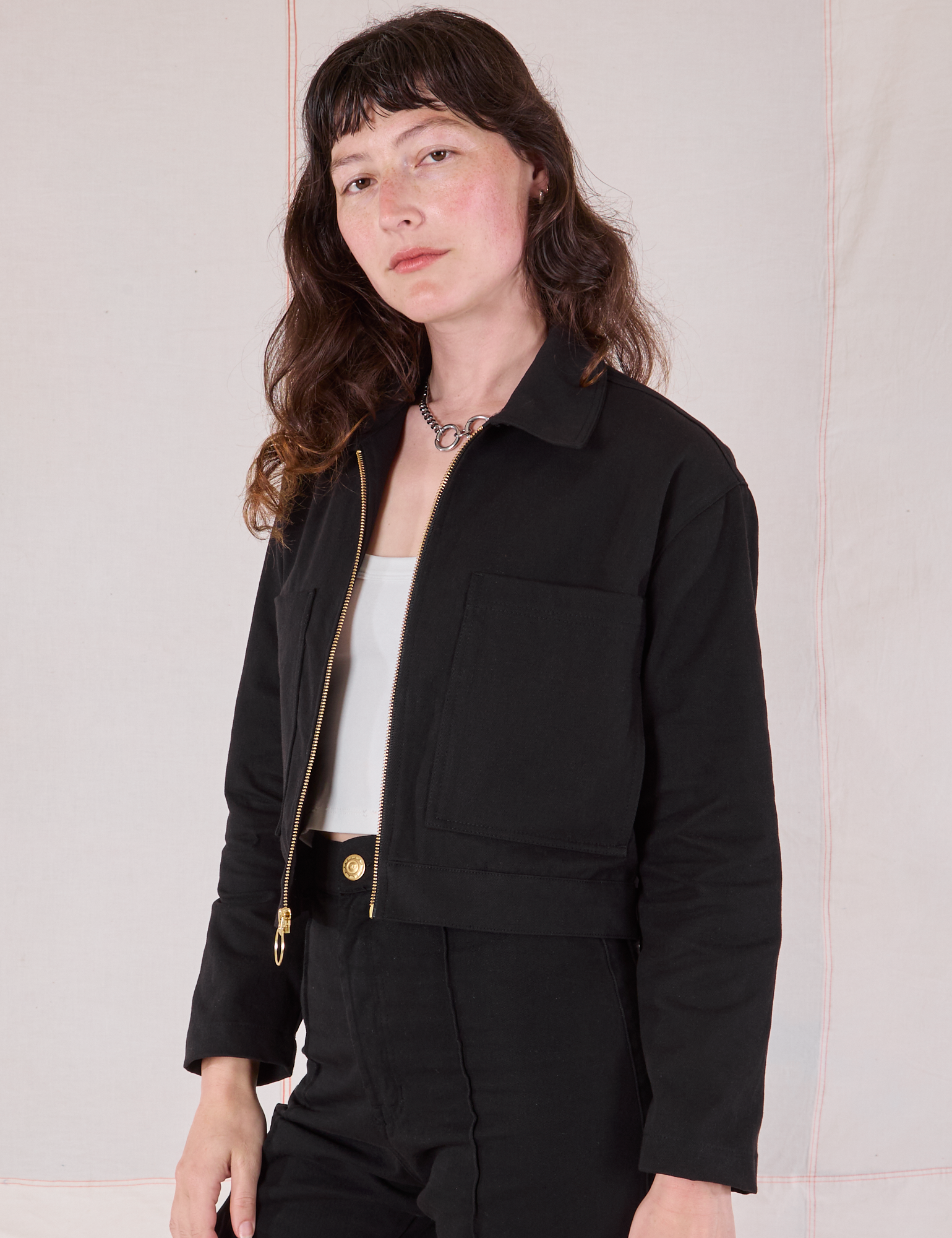 Mechanic Jacket in Basic Black angled front view on Alex