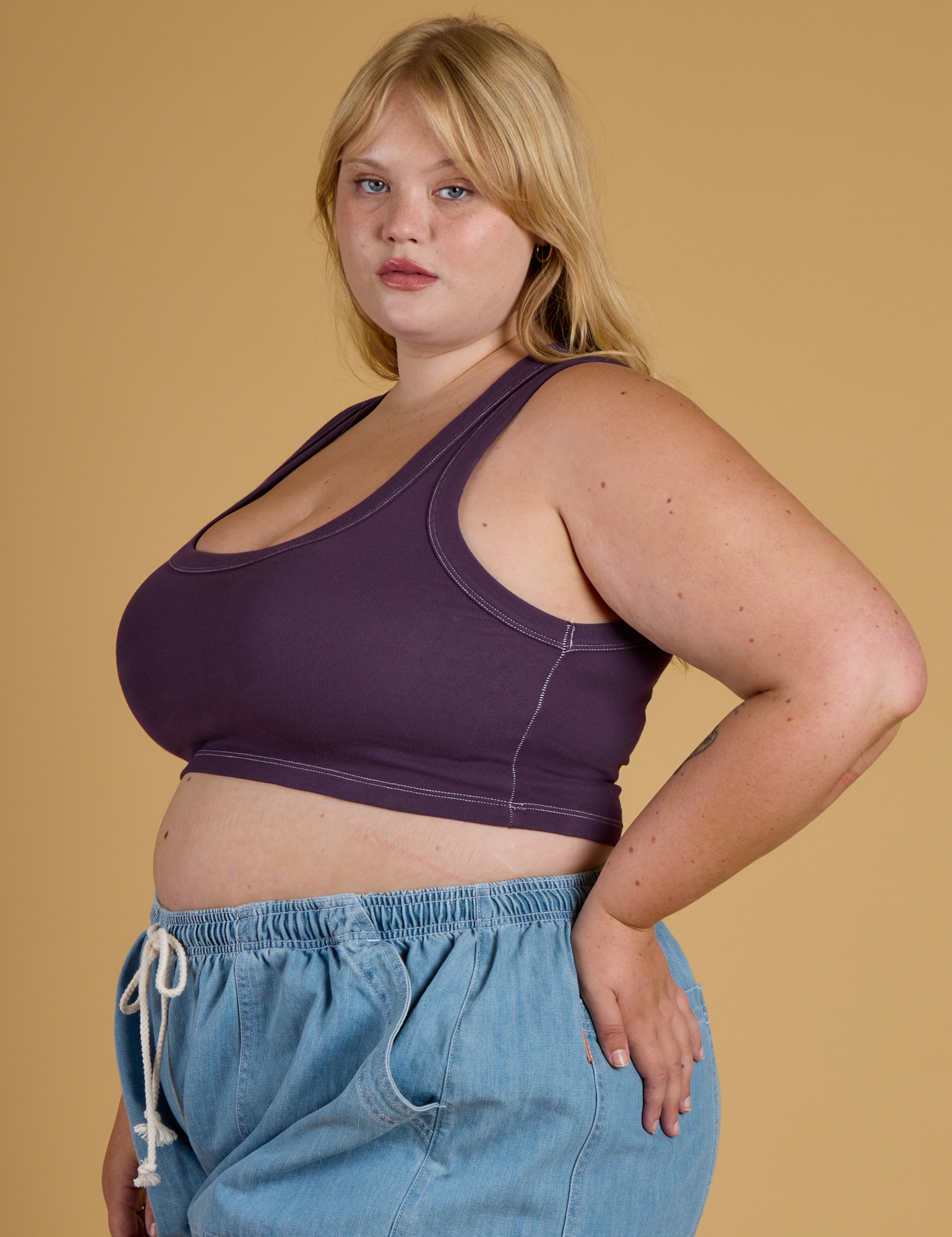 Contrast Stitch Mini Tank in Nebula Purple side view on Juliet