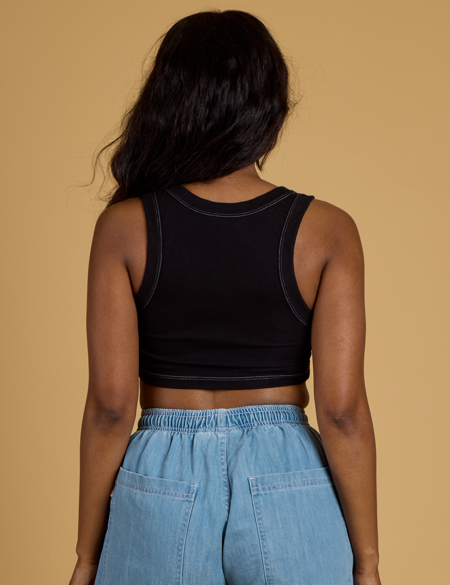 Contrast Stitch Mini Tank in Basic Black back view on Kandia
