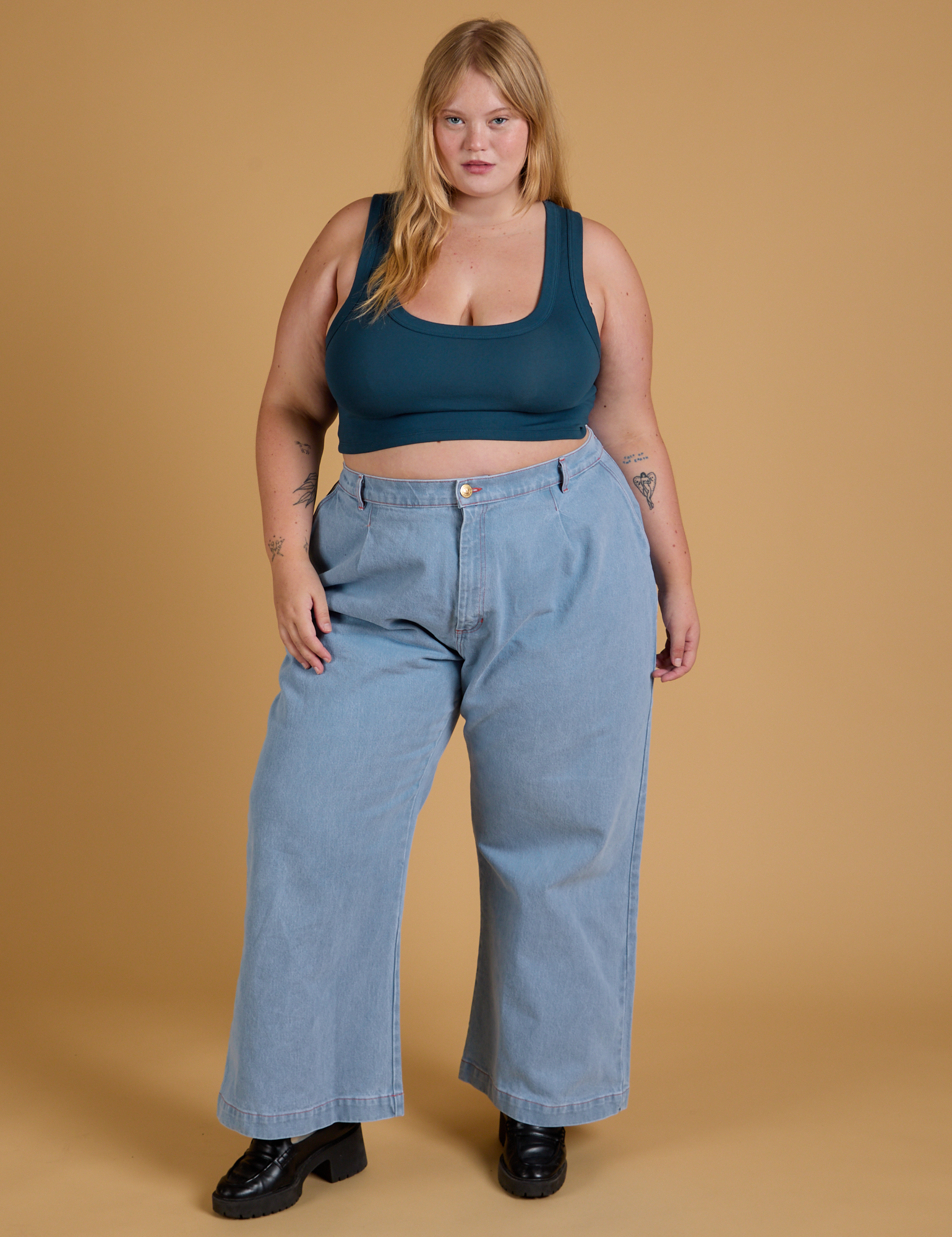 Mini Tank in Lagoon and light wash Indigo Wide Leg Trousers on Juliet