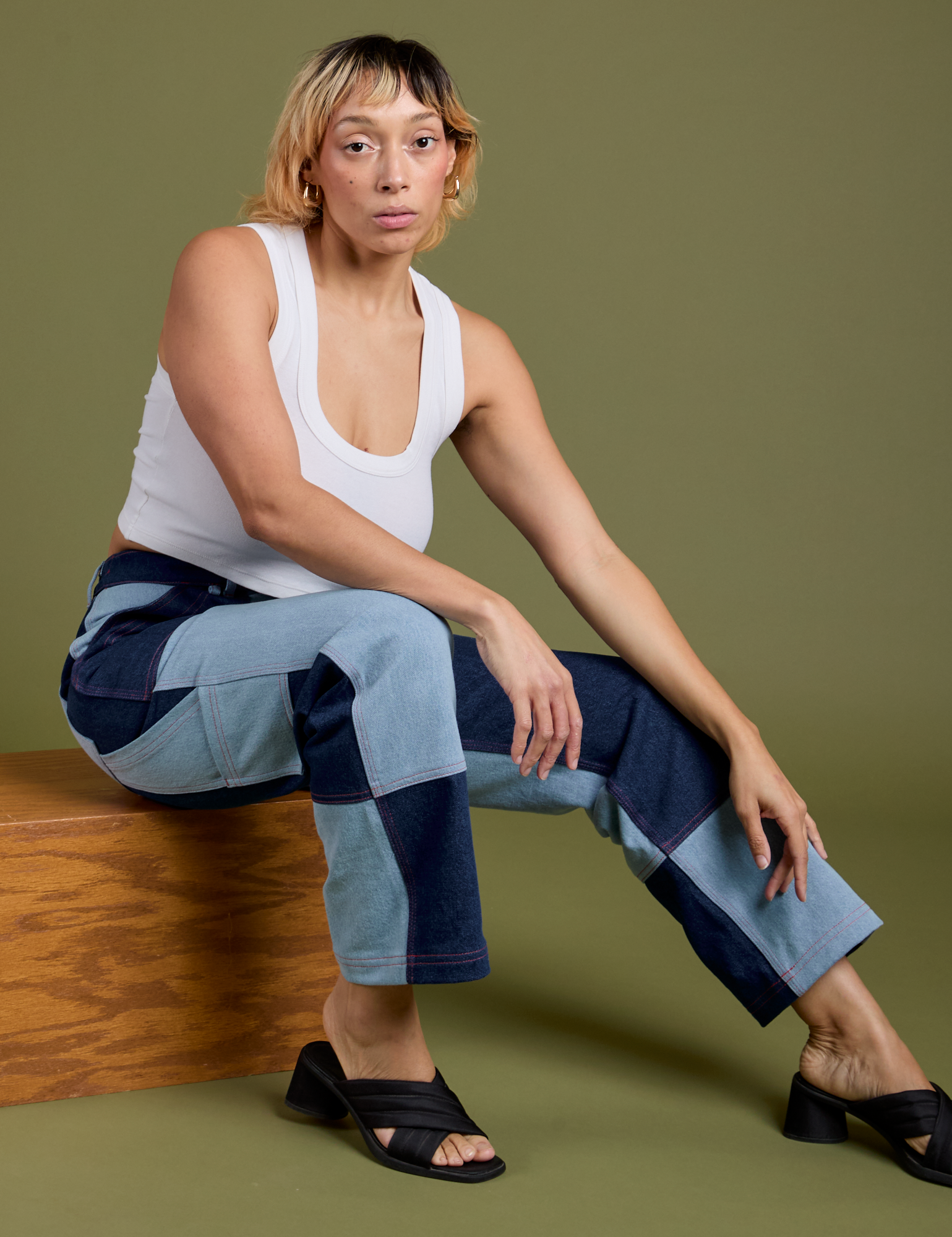 Mismatched Denim Carpenter Jeans and Cropped Tank in Vintage Tee White on Tiara