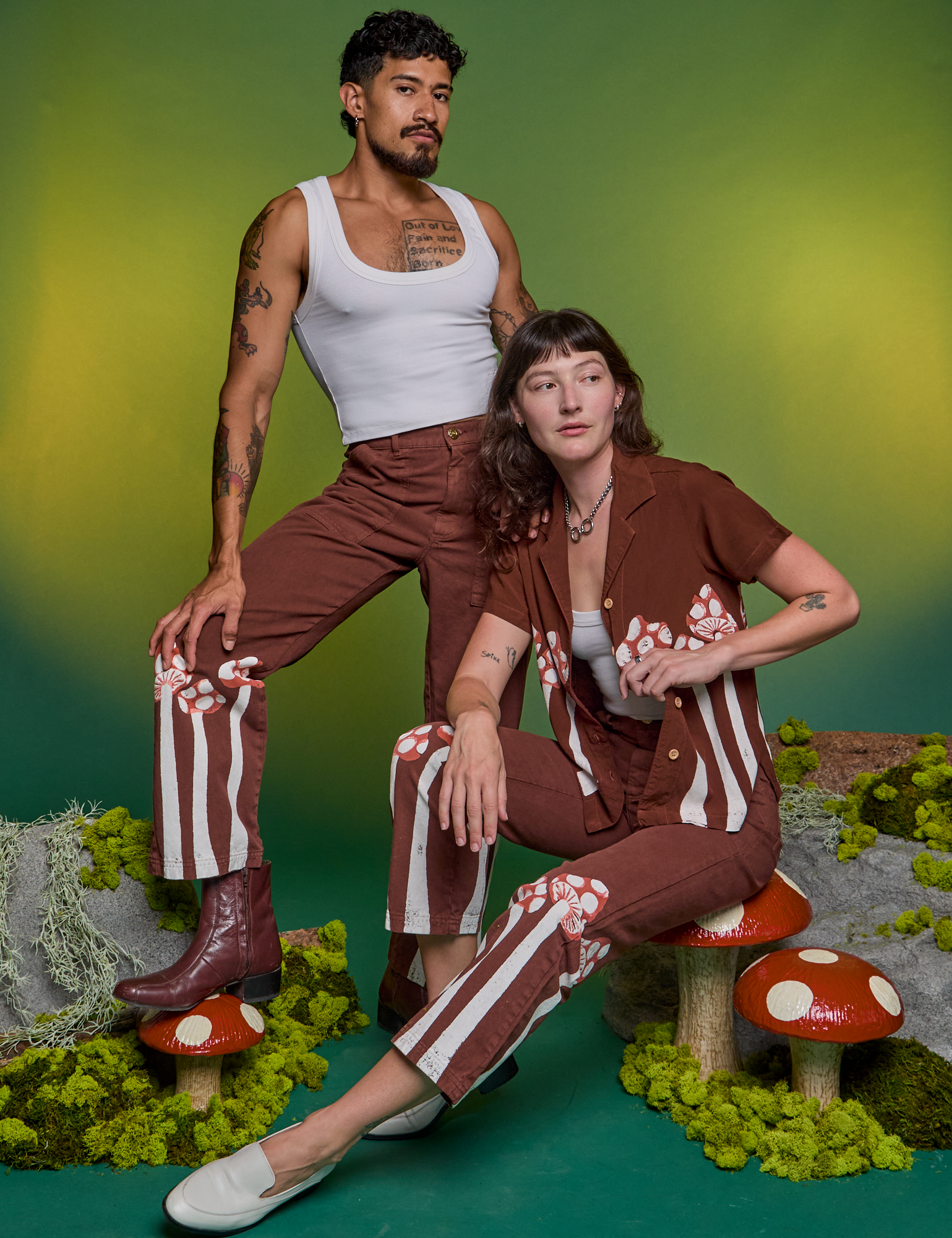 Alex is wearing Paintstamped Pantry Button-Up in Mushroom and matching Work Pants. Jesse is wearing Paintstamp Work Pants in Mushroom