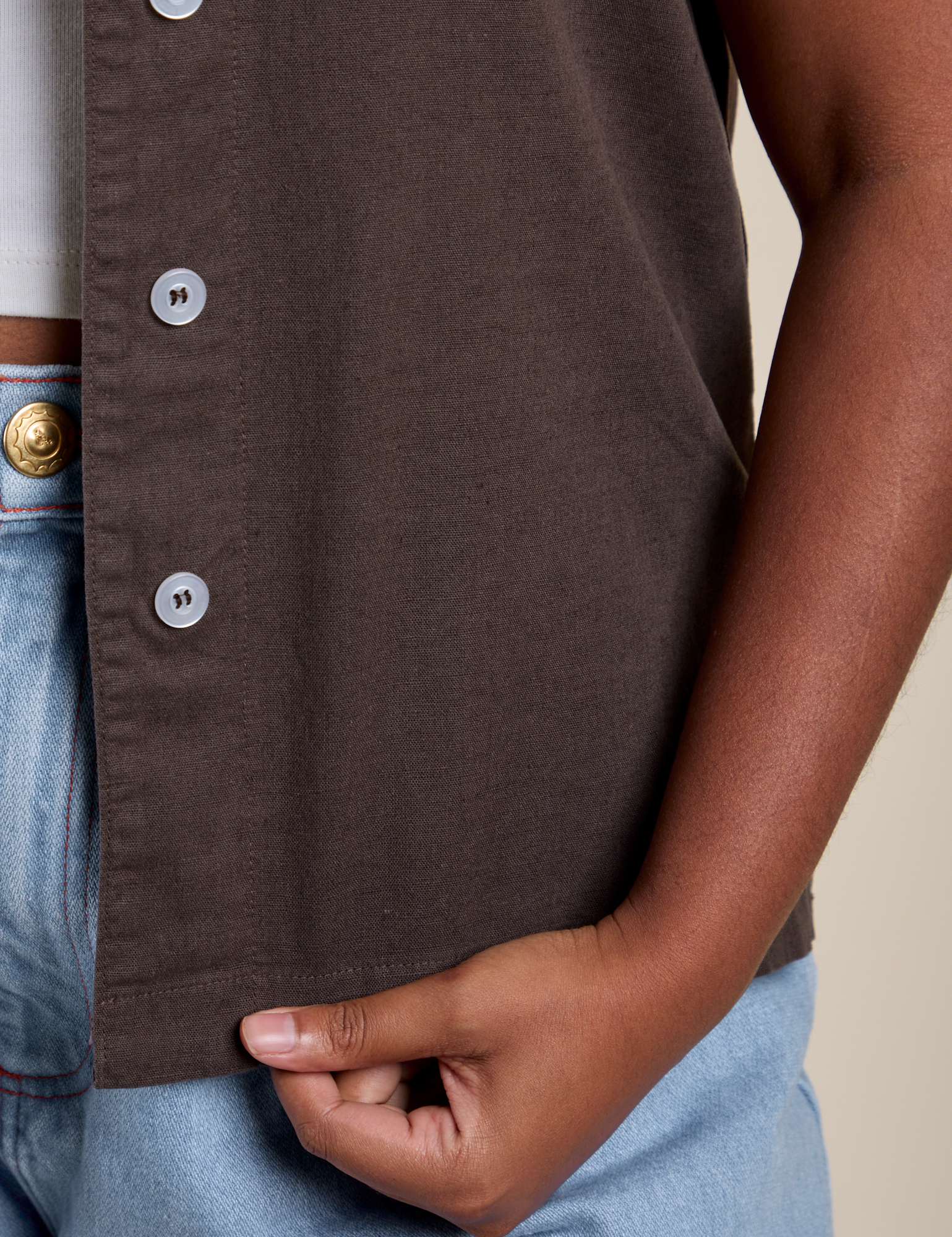 Pantry Button-Up in Espresso Brown close up on Meghna