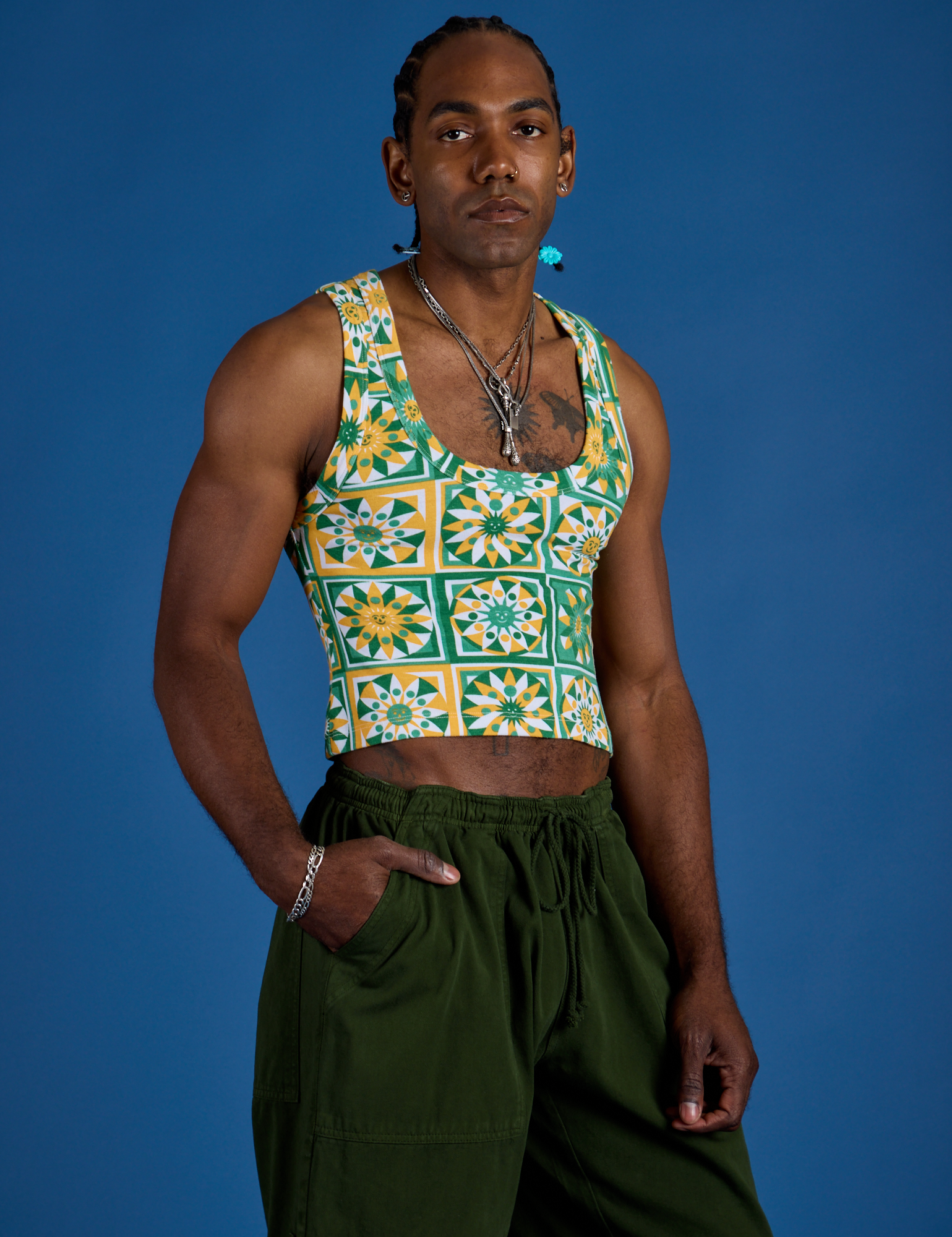 Cropped Tank Top in Spring Quilt Print angled front view on Jerrod