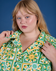 Spring Quilt Print Jumpsuit close up on Juliet