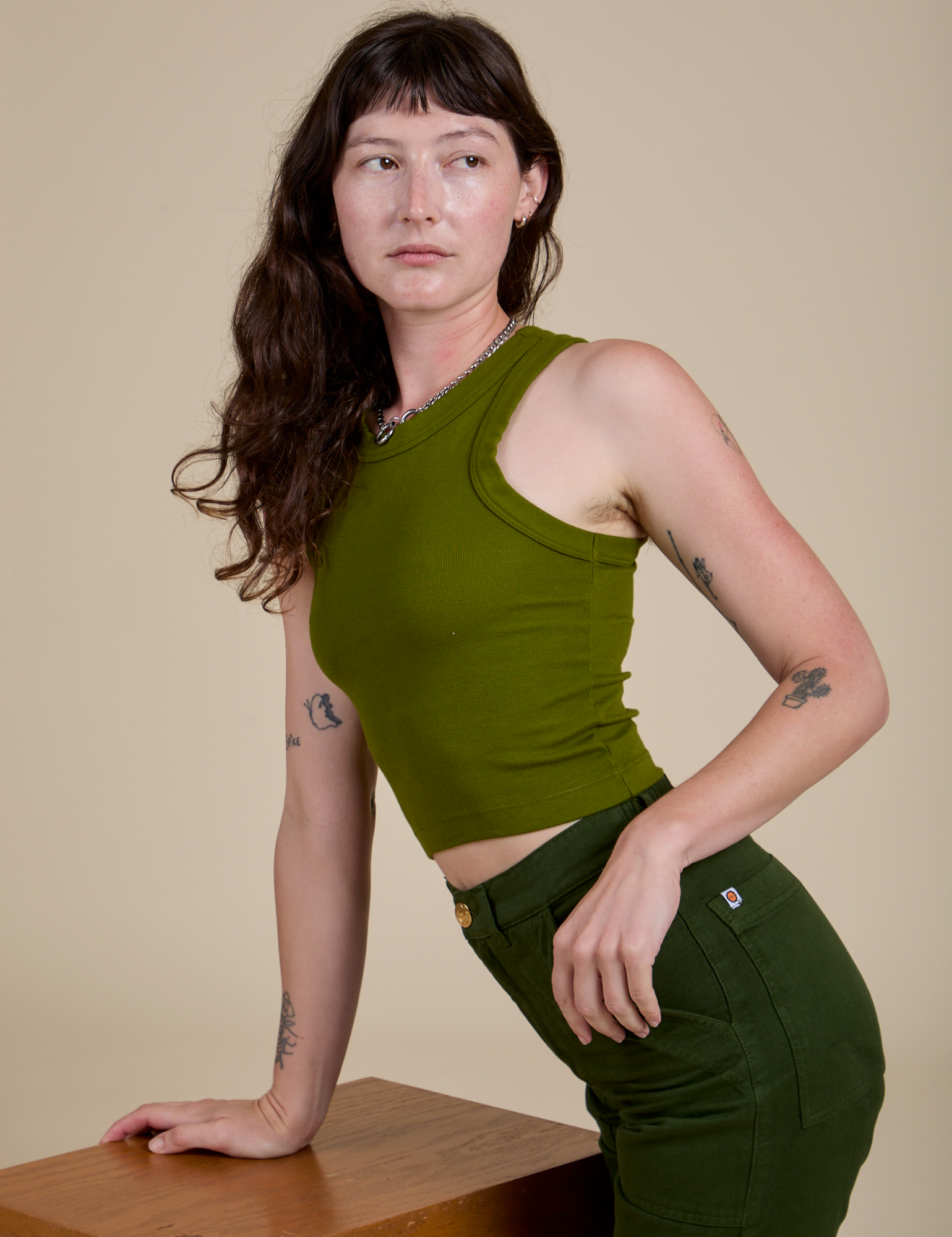 Racerback Tank in Summer Olive side view on Alex