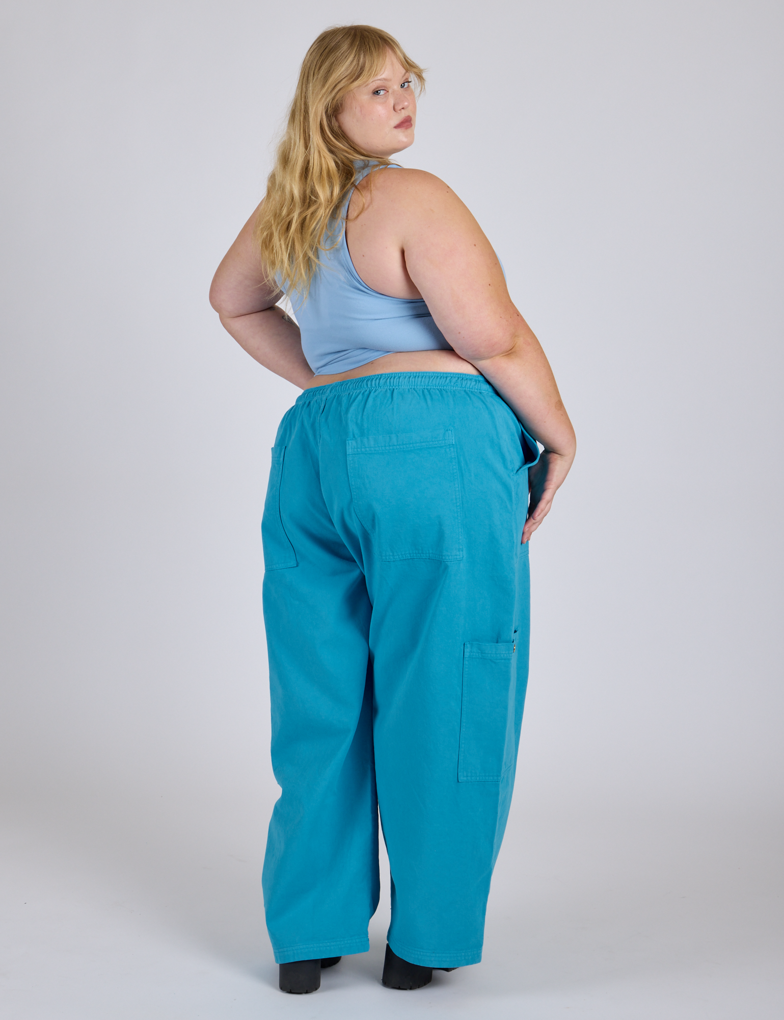 Drop Pocket Cargo Pants in Hawaiian Blue back view on Juliet