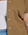 Pantry Button-Up in Desert Brown close up on Juliet